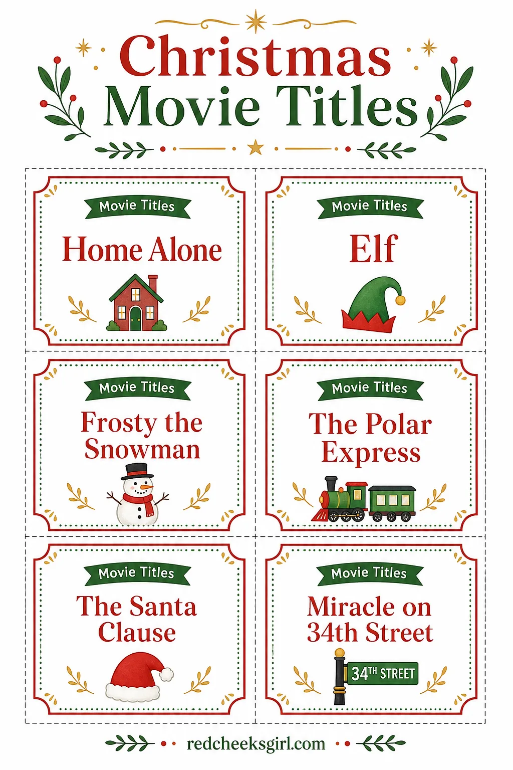 Christmas Movie Titles Cards (Sheet 1) printable sheet. Christmas charades printable free