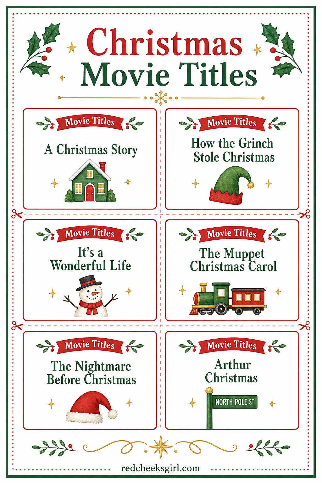 Christmas Movie Titles Cards (Sheet 2) printable sheet. Christmas charades printable free