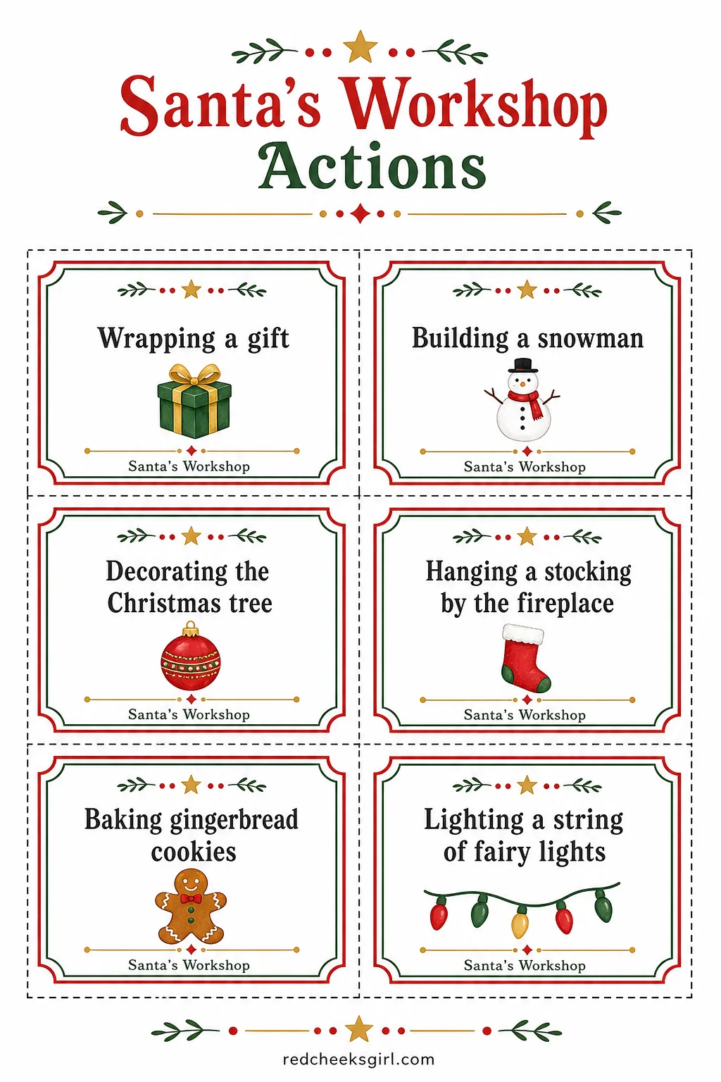Santa's Workshop Actions Cards (Sheet 1) printable sheet. Christmas charades printable free