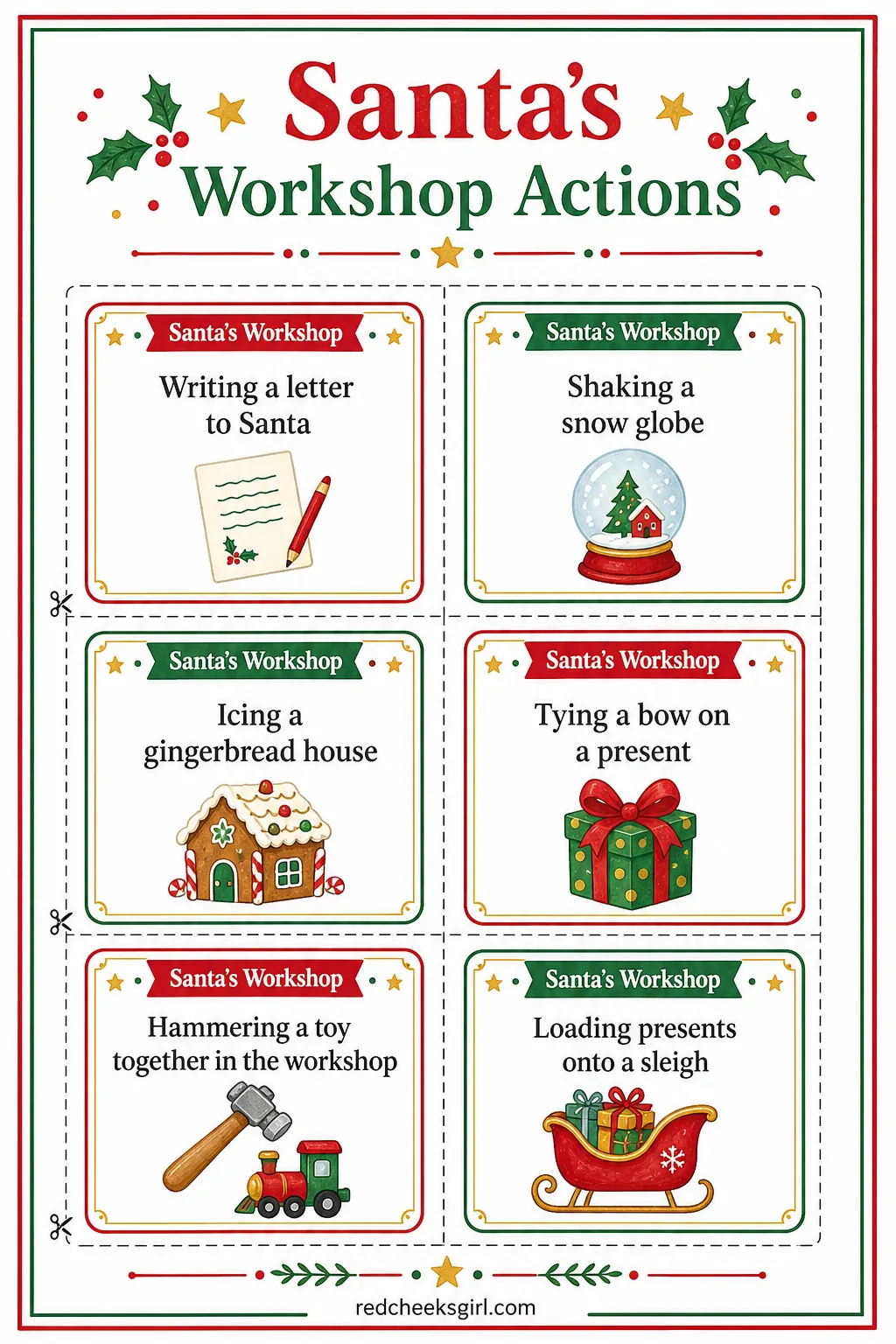 Santa's Workshop Actions Cards (Sheet 2) printable sheet. Christmas charades printable free