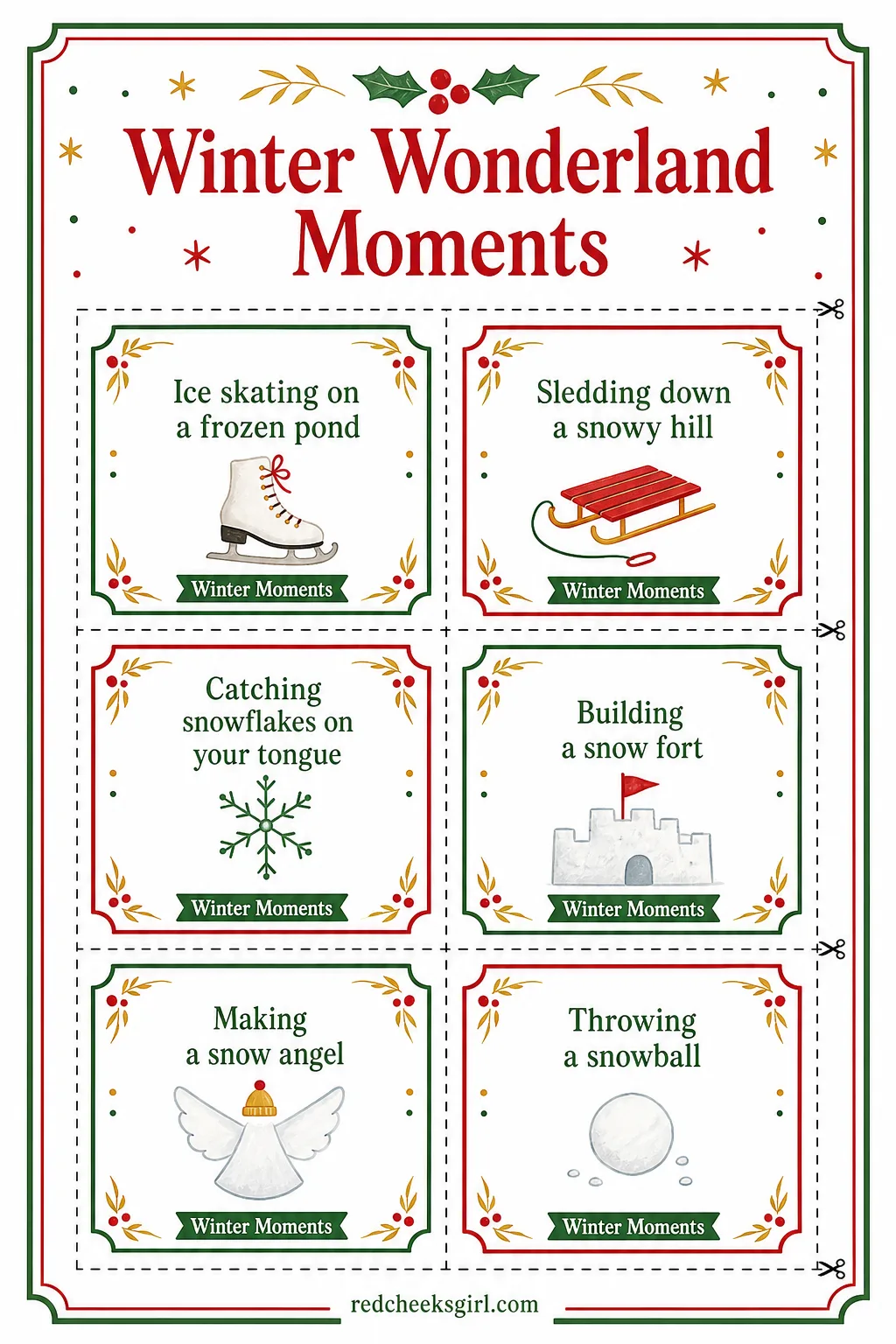 Winter Wonderland Moments Cards (Sheet 1) printable sheet. Christmas charades printable free