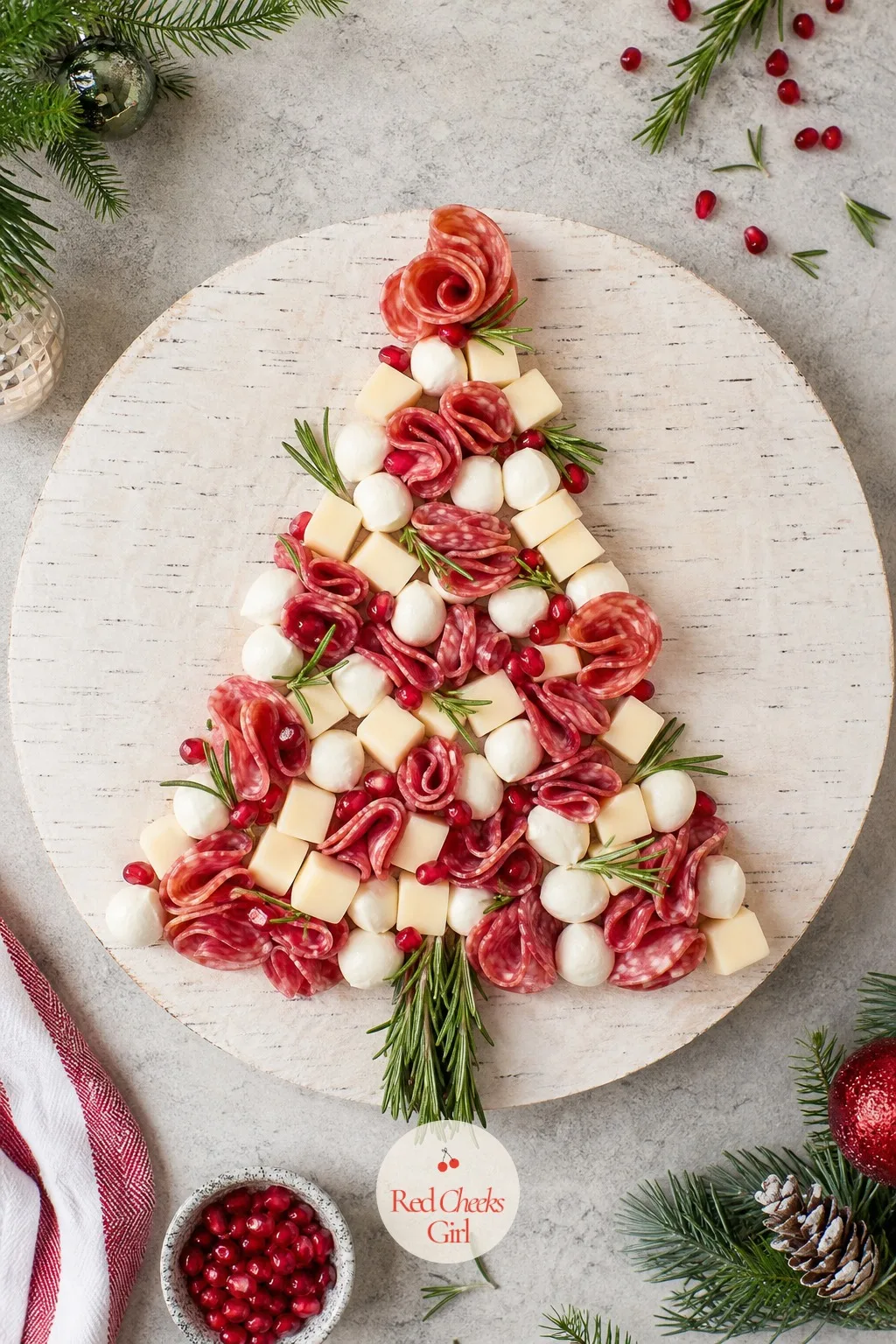 Christmas Tree Board — A rectangle of cheese cubes says party. Christmas charcuterie board