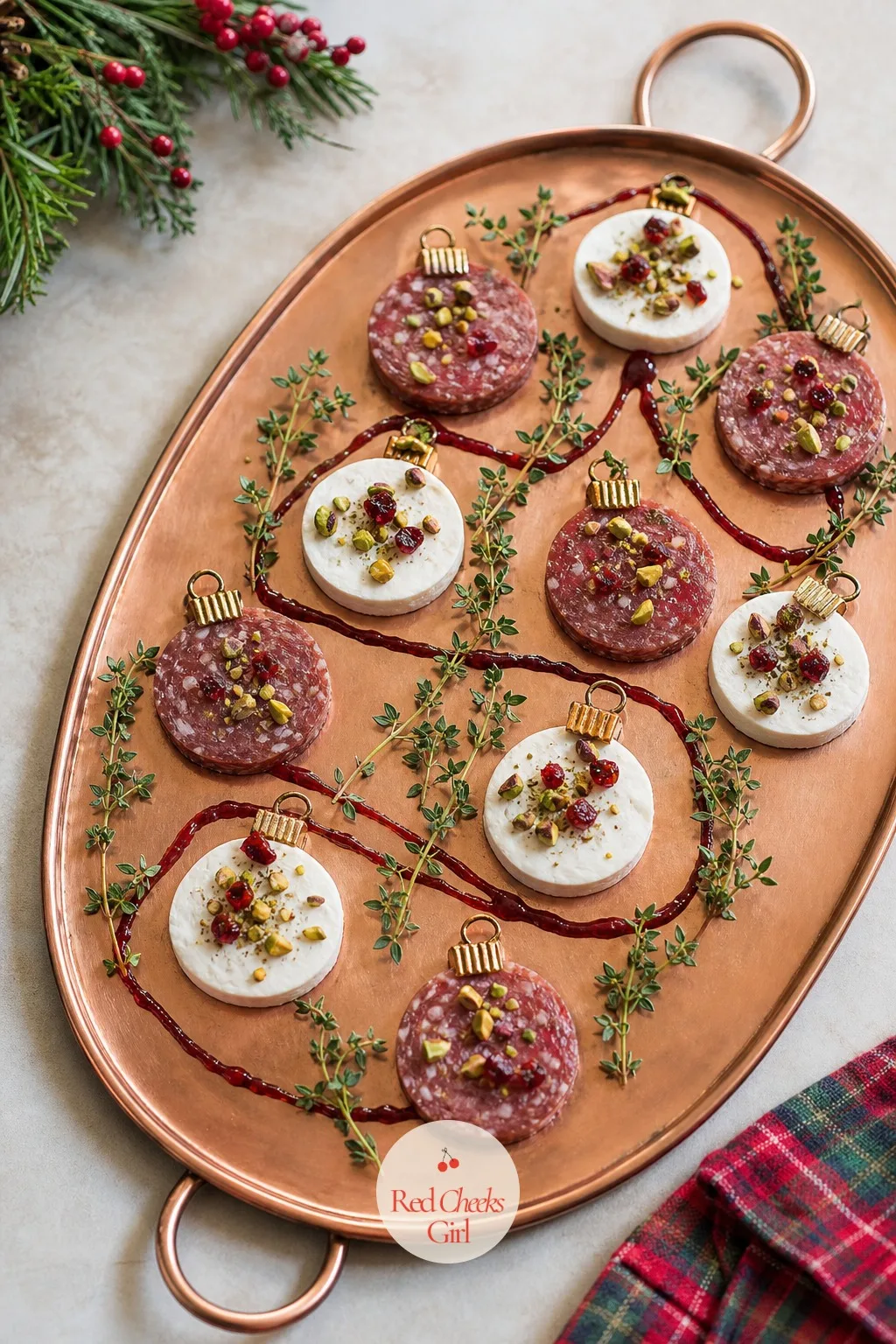 Ornament Board — Instead of one big shape, this board is several small round ones, each a little salami or goat cheese circle styled to look like a hanging