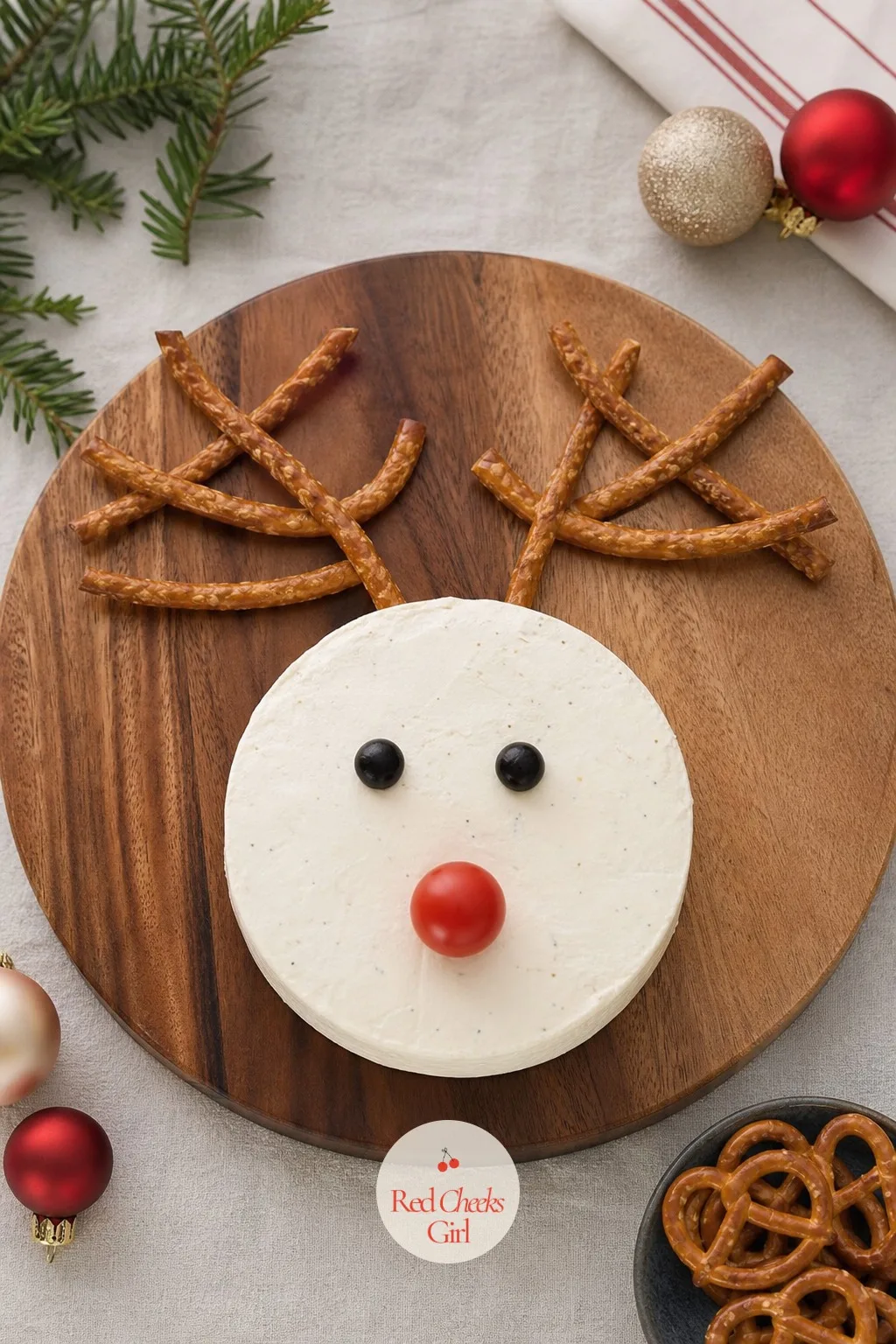 Reindeer Board — A round of cheese for the face, two pretzel twists crossed for antlers, and one cherry tomato for the nose: the whole reindeer takes shape in