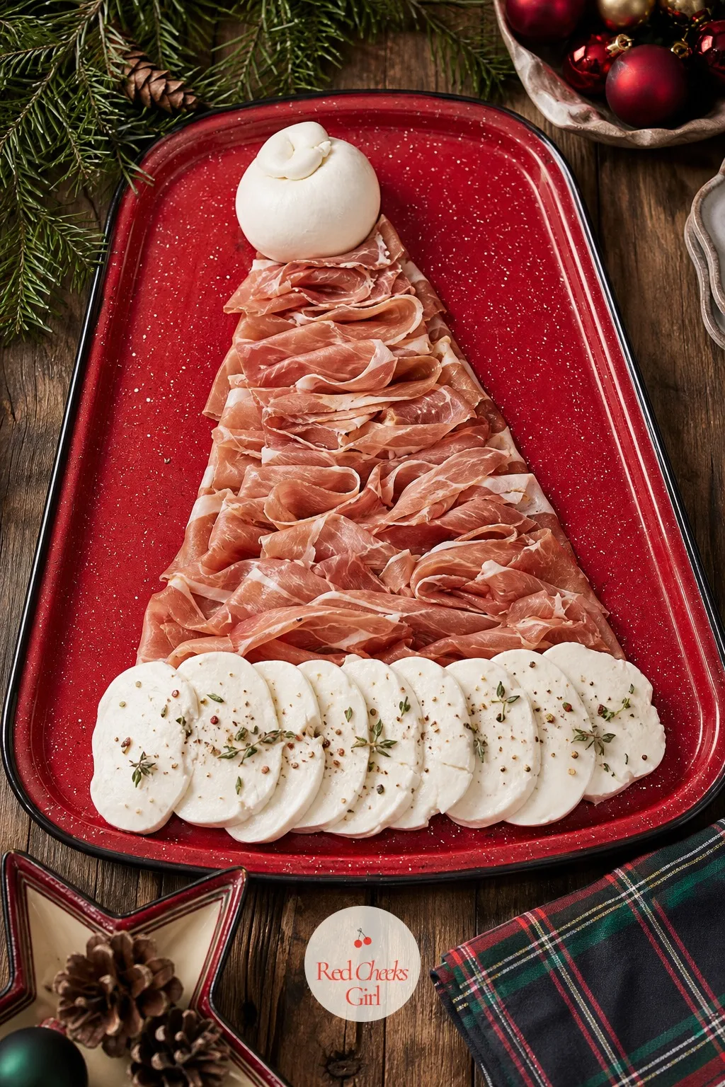 Santa Hat Board — One triangle, one strip, one ball, that is the whole hat, and it photographs like it took far longer than it did. Christmas charcuterie board