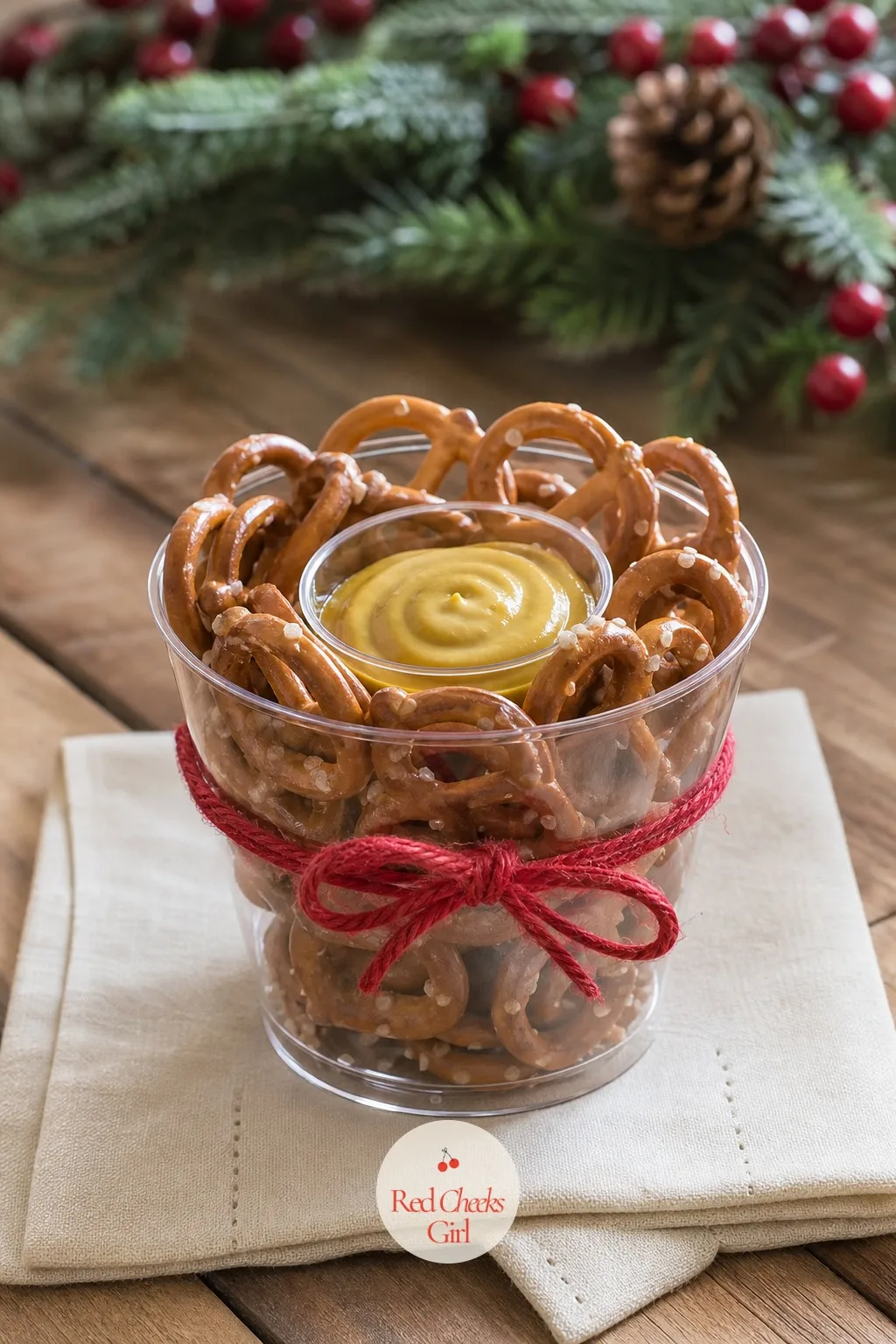 Pretzel and Mustard Cup — For the guest who skips sweet entirely, this cup gives her something to dip without reaching for a whole plate. Christmas charcuterie