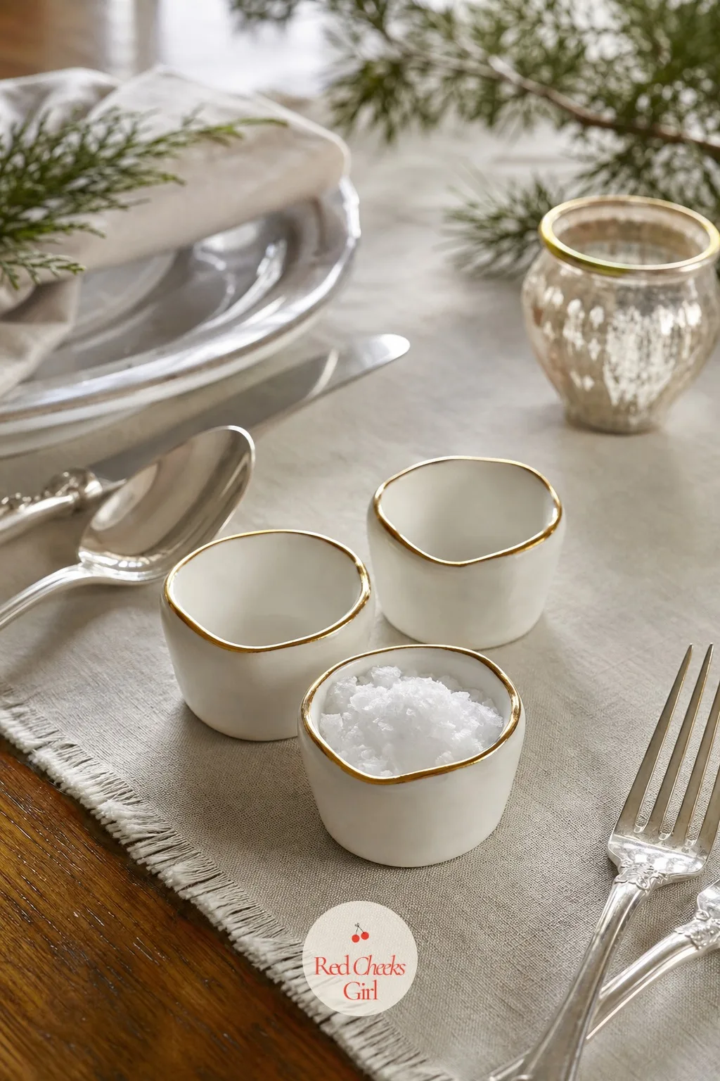 Gold-Rimmed Salt Cellars — A plain salt dish is the one thing on a set table that never quite matches whatever else is out, usually because it came from a