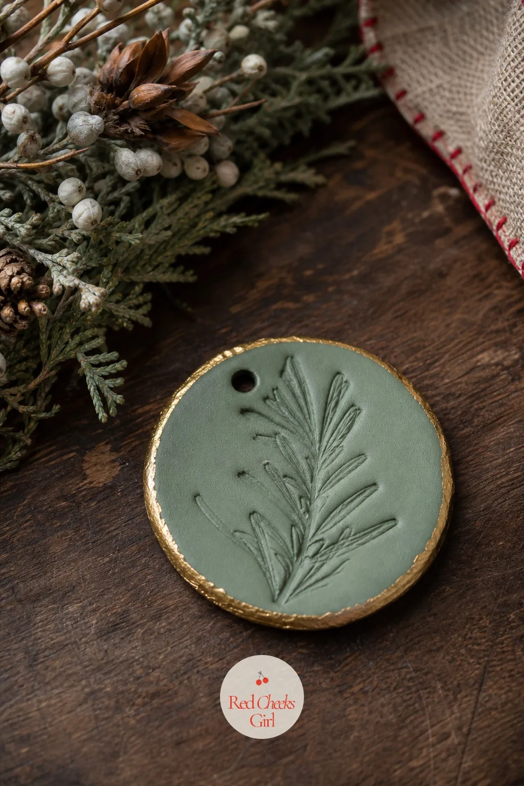 Pressed Rosemary Sprig Discs — Real greenery drops needles on the rug within a week. Christmas clay crafts