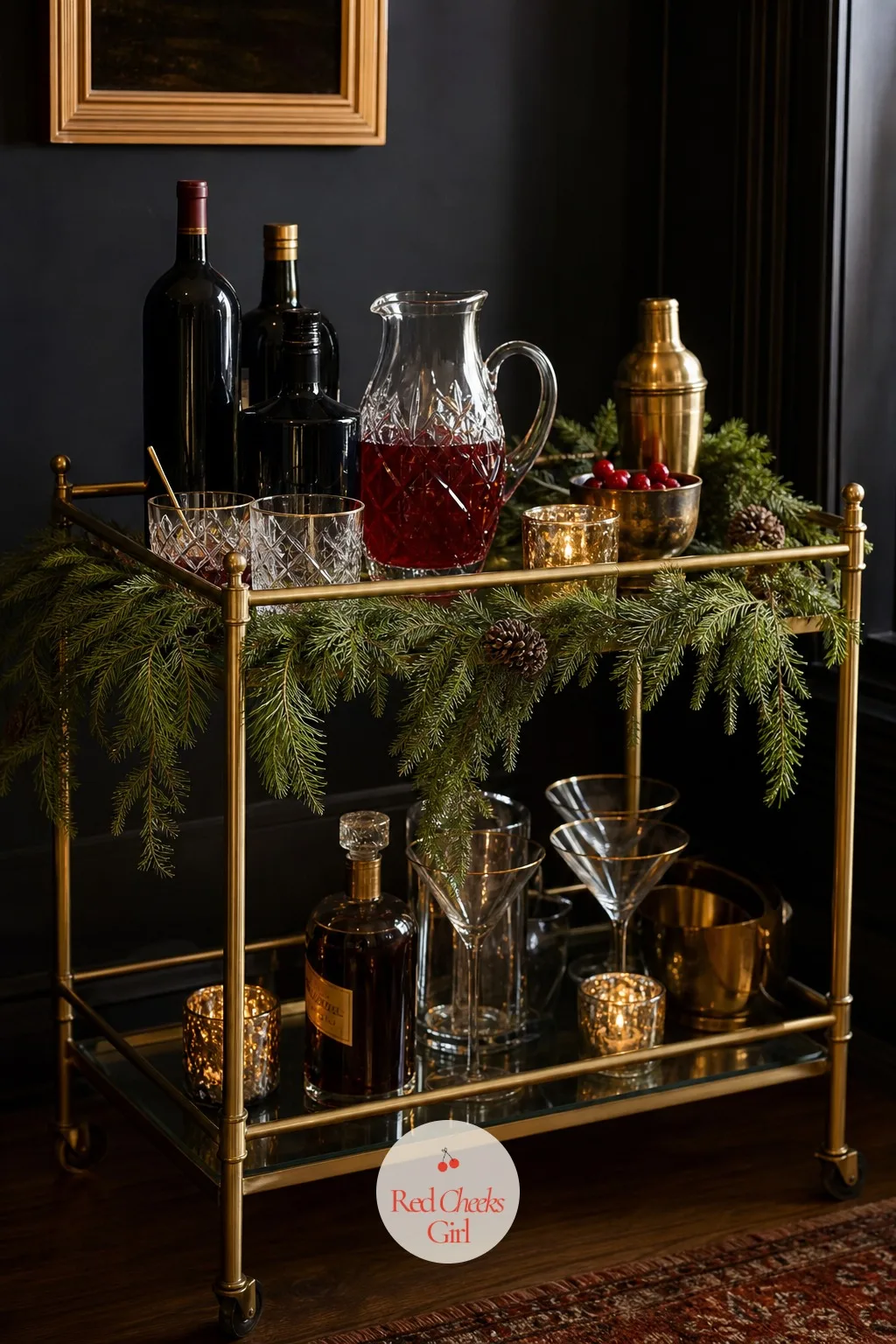A Bar Cart Dressed in Greenery — A bare cart says the party is an afterthought. Christmas cocktail party ideas