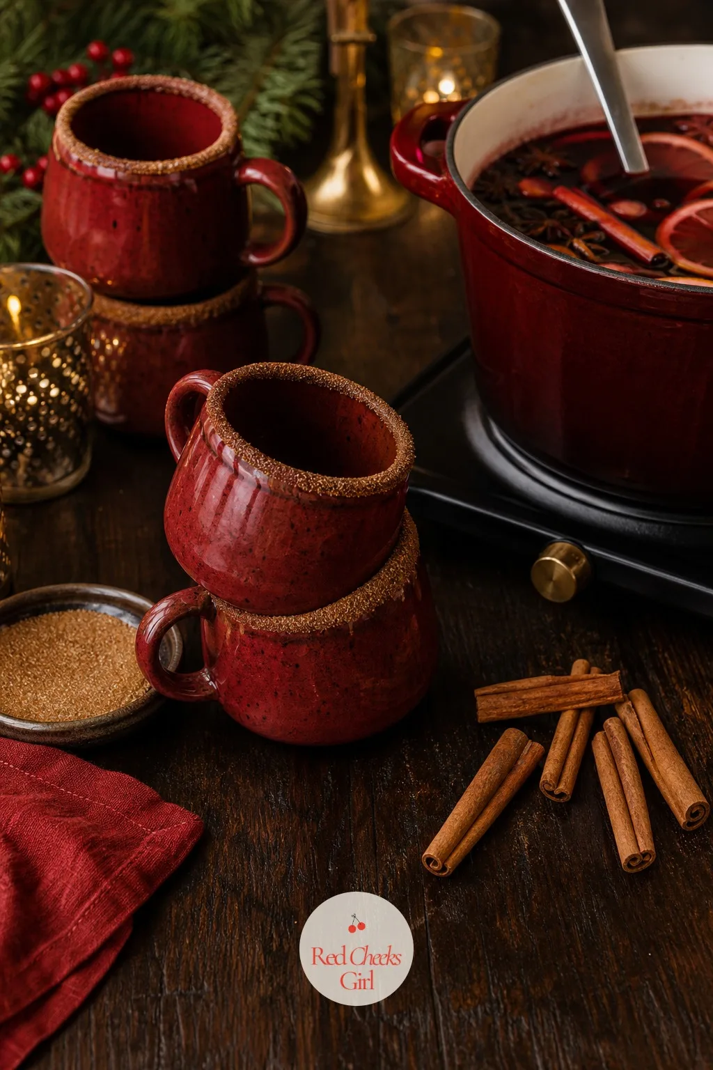 A Cinnamon Sugar Rim for the Mulled Wine Mugs — The pitcher gets the rosemary and sugar treatment, so give the mulled wine mugs their own small signature: a