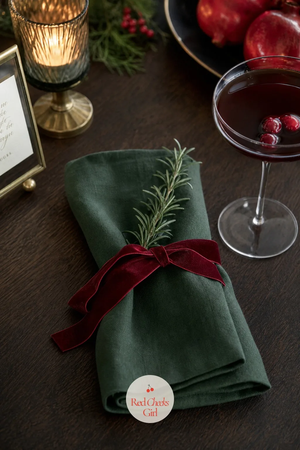 A Dark Green Napkin Tied With Velvet Ribbon — A folded paper napkin looks like an afterthought; a cloth one tied with ribbon looks like a decision. Christmas