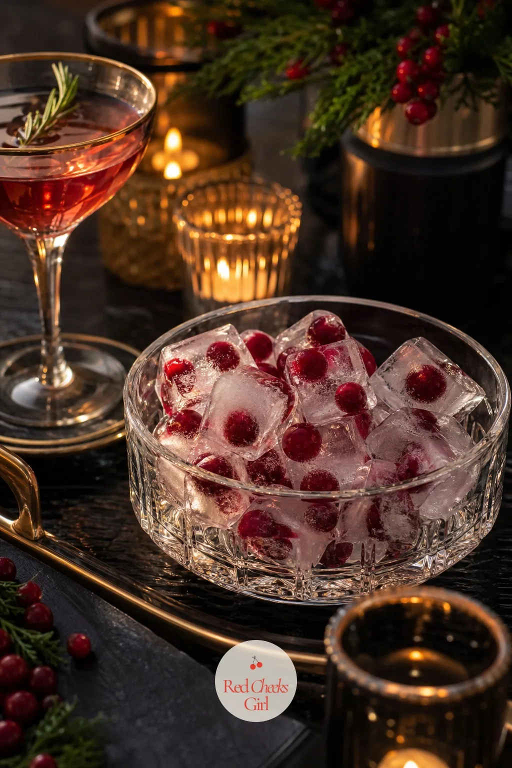 Ice Cubes Studded with Frozen Cranberries — Plain ice does nothing for a drink this color. Christmas cocktail party ideas