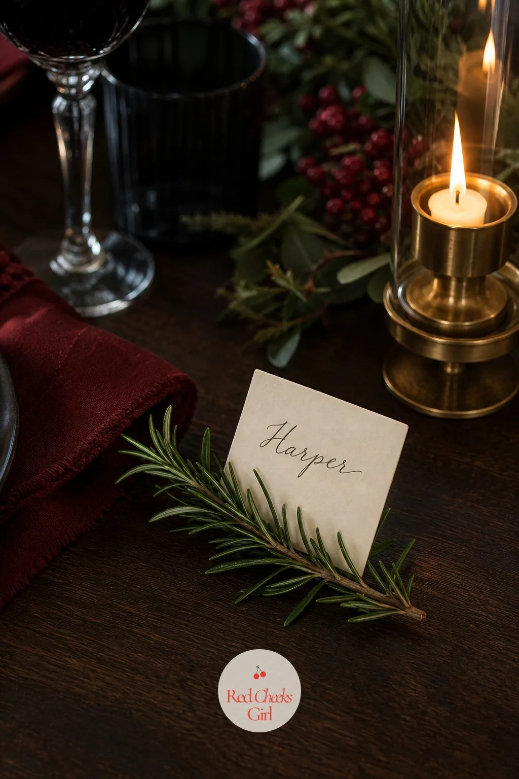 A Place Card Tucked Into a Rosemary Sprig — Even at a standing party, one fixed point with a name on it makes a guest feel expected rather than simply let in.
