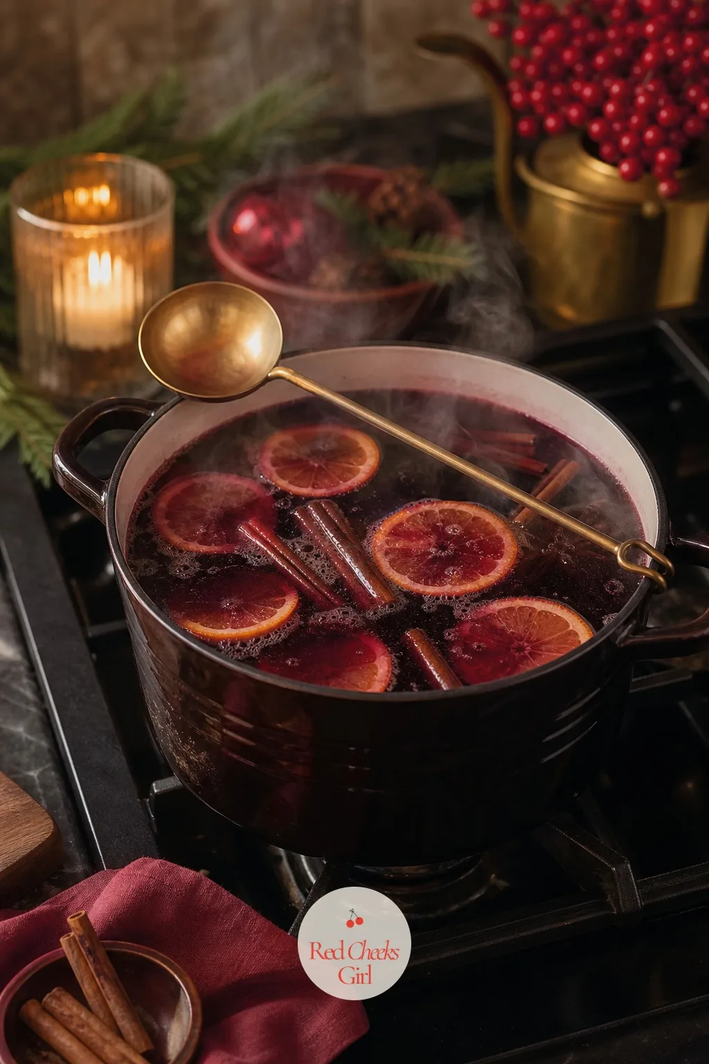 A Pot of Mulled Wine Simmering on the Stove — Give the kitchen a second job for the night. Christmas cocktail party ideas