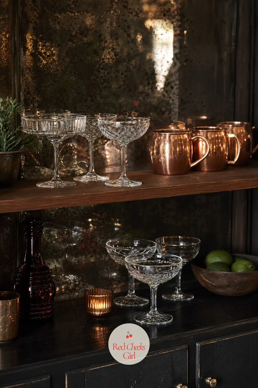 A Shelf of Mismatched Coupe Glasses and Copper Mugs — Matching glassware for twelve people is an expense nobody needs to carry into a cocktail party. Christmas
