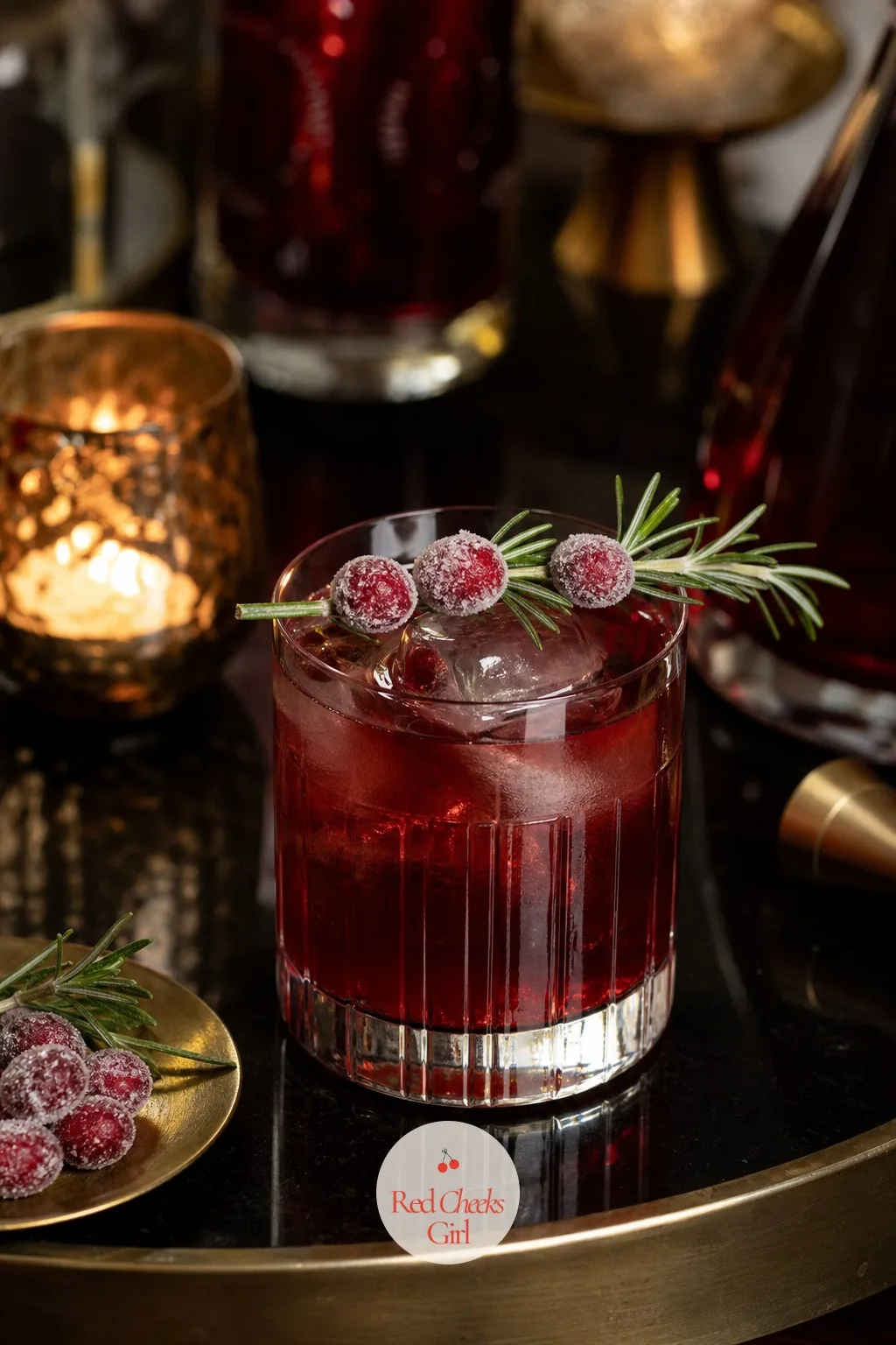 Sugared Cranberries and a Rosemary Sprig on Every Glass — Three sugared cranberries and one rosemary sprig turn an ordinary glass into the thing people