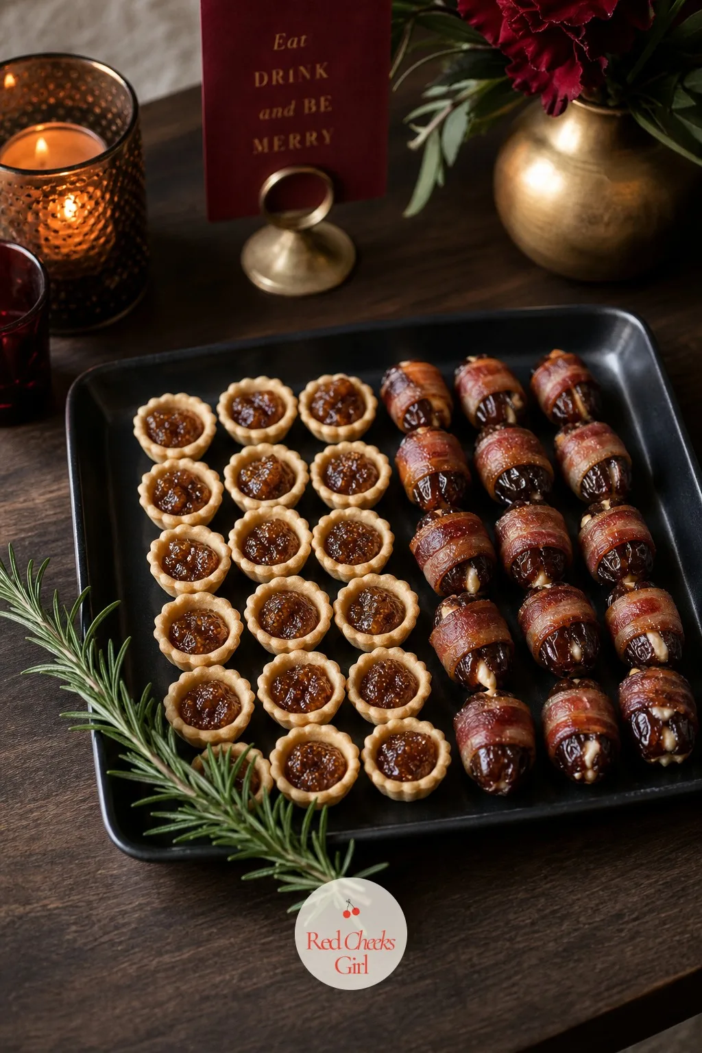 A Tray of Small Tartlets and Stuffed Dates — This is the tray that circulates all night, so build it from things that hold their shape at room temperature