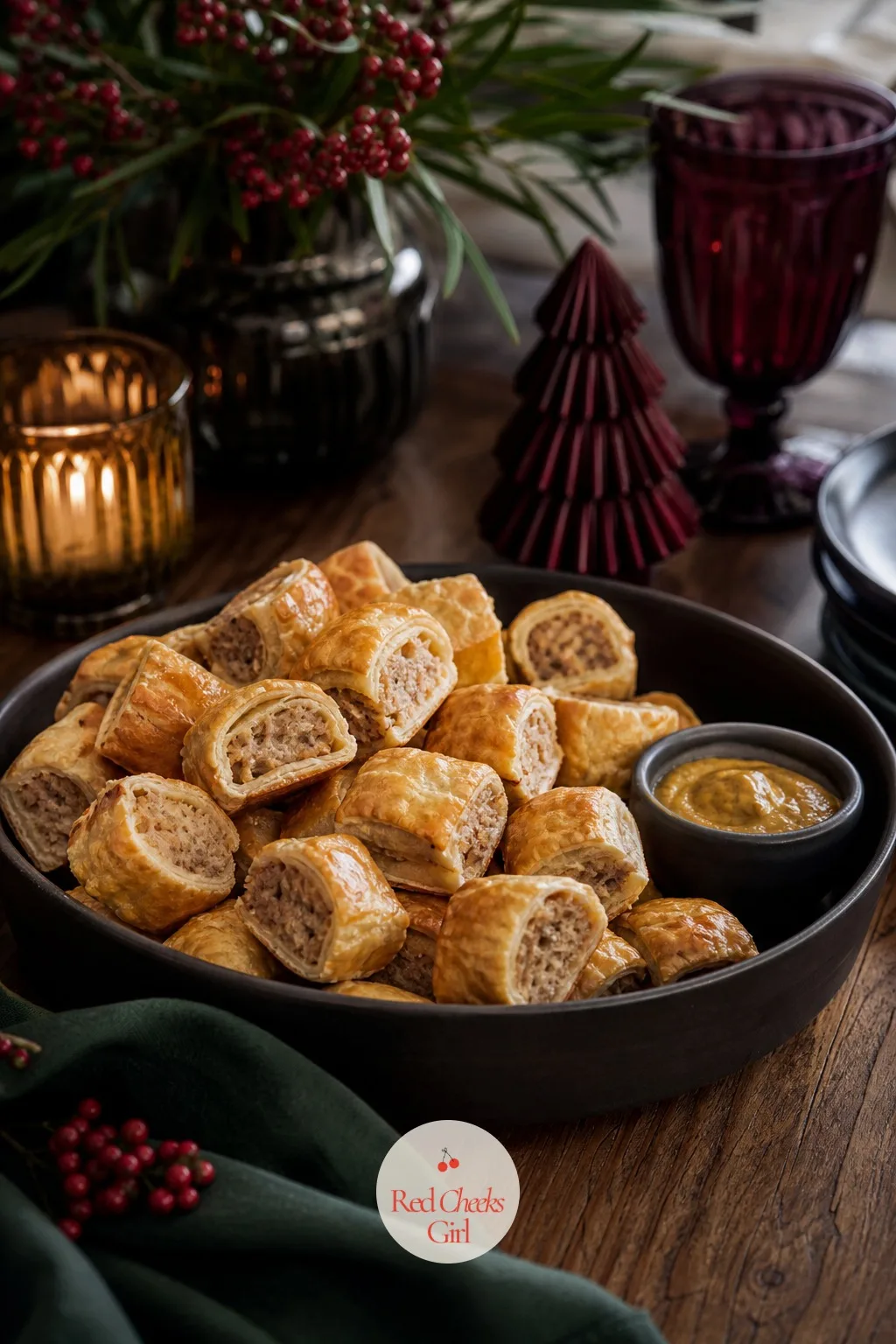 Warm Sausage Rolls Cut Into Bite-Sized Pieces — Something warm and savory keeps the bites tray from tipping too sweet. Christmas cocktail party ideas