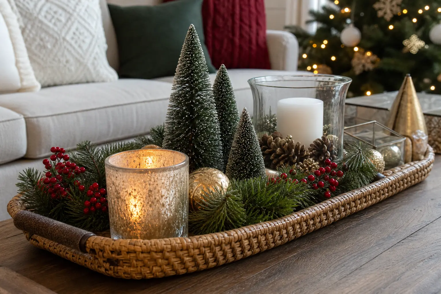 15 Christmas Coffee Table Decor Ideas With Trays, Candles and Tiny Trees