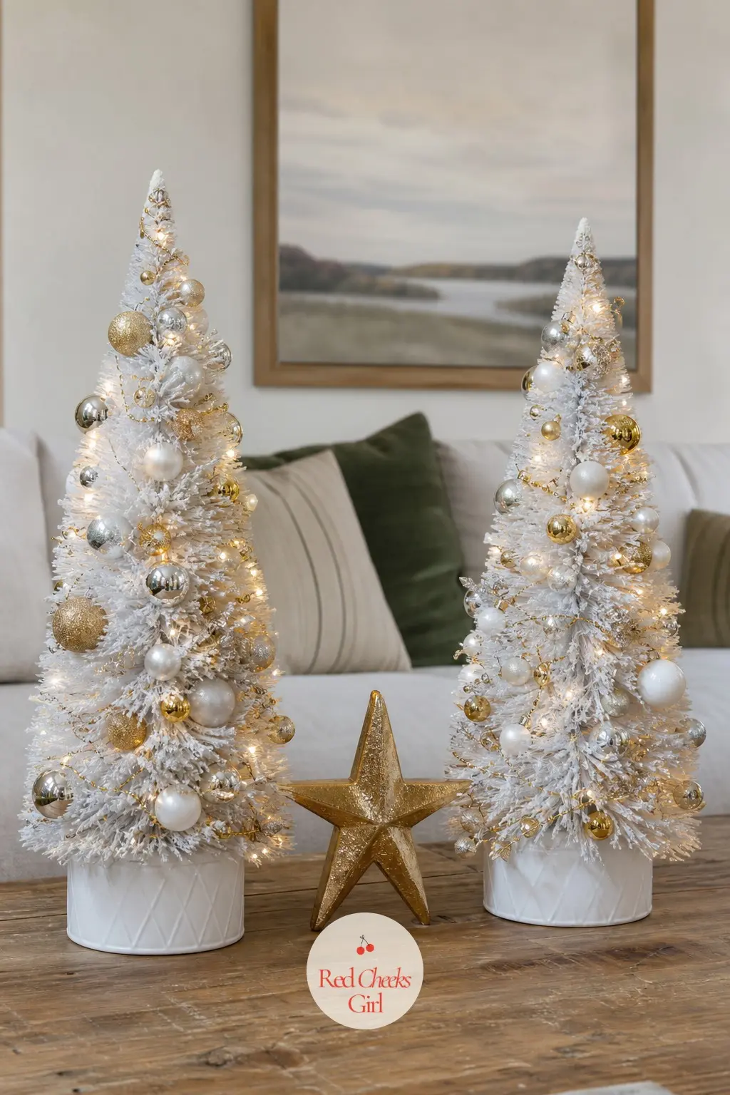 A Pair of White Ceramic Bottlebrush Trees Flanking a Gold Star — Two matching white ceramic bottlebrush trees stand at either side of a small freestanding gold