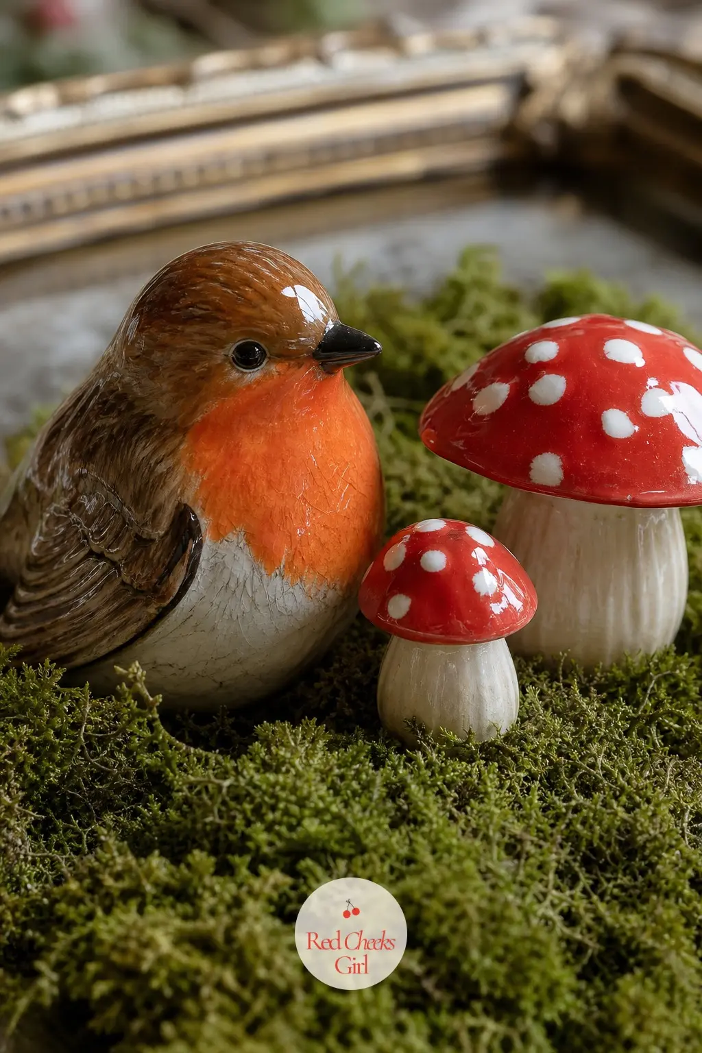 A Porcelain Robin and Painted Mushroom Nestled in Moss — A hand-painted porcelain robin perches beside a cluster of painted ceramic toadstools, both set into a