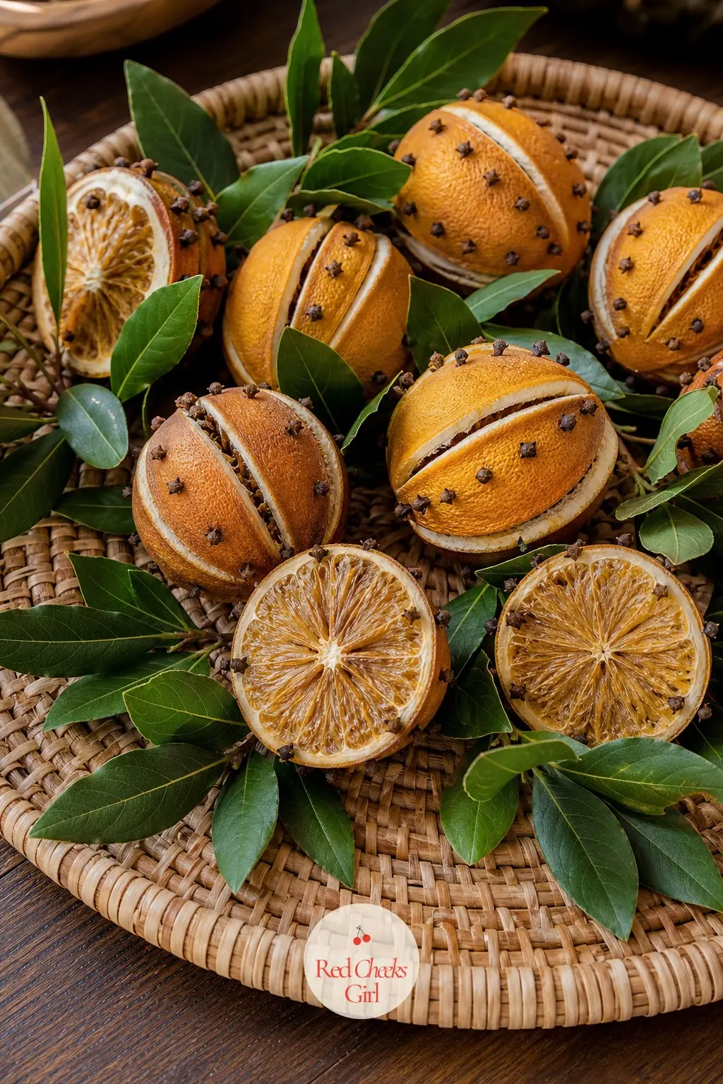 A Woven Rattan Tray Piled With Citrus Pomanders and Bay Leaf Sprigs — A round woven rattan tray carries a loose pile of dried orange slices and clove-studded