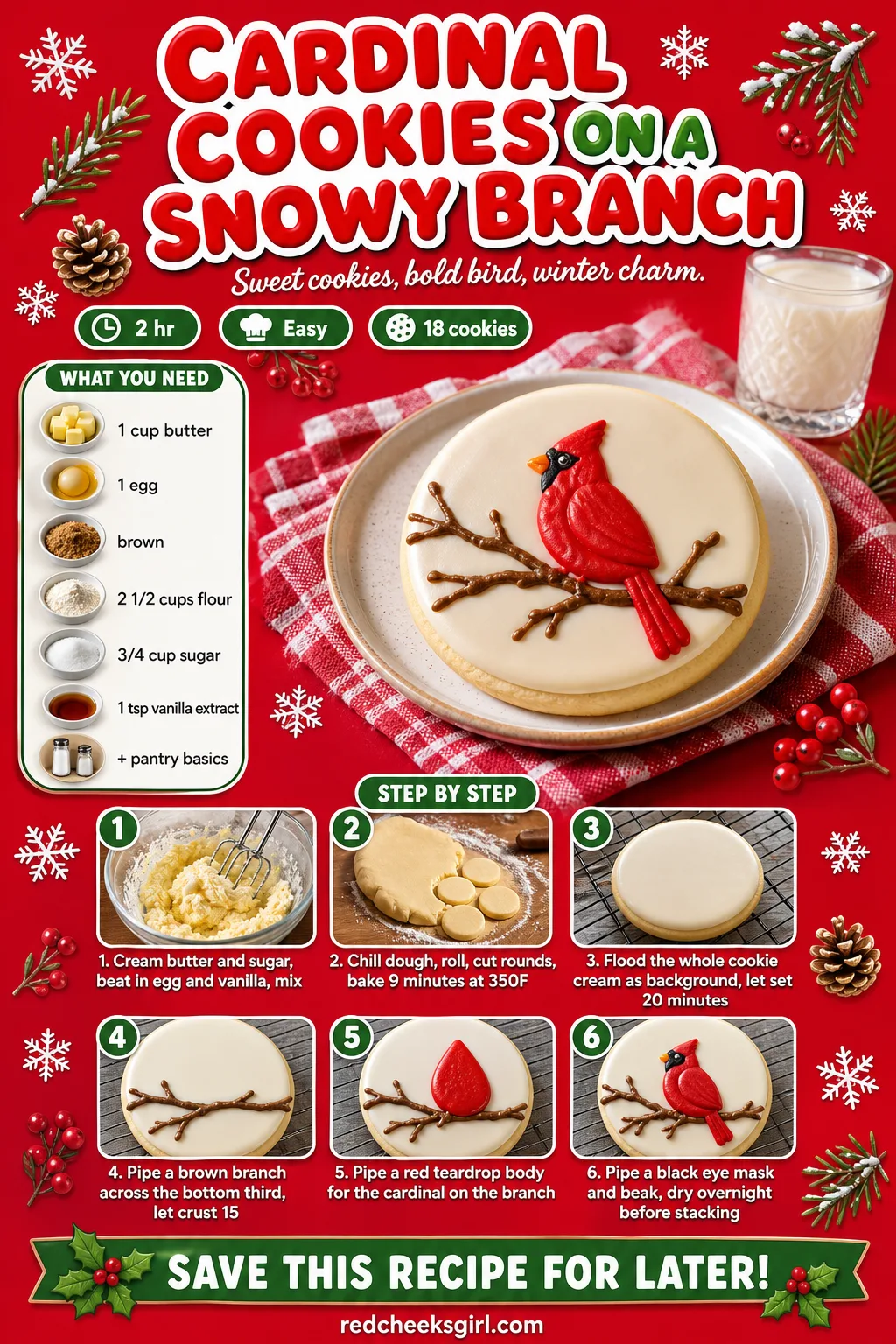 Cardinal Cookies Recipe Card printable sheet. Christmas cookies decorated