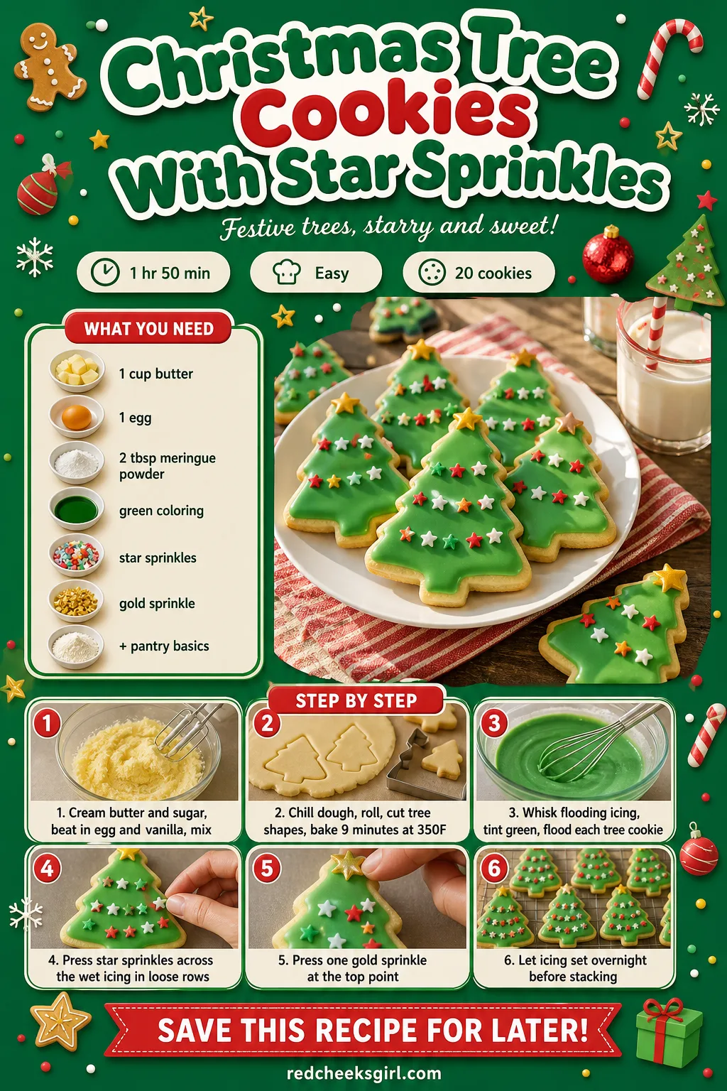 Christmas Tree Cookies Recipe Card printable sheet. Christmas cookies decorated