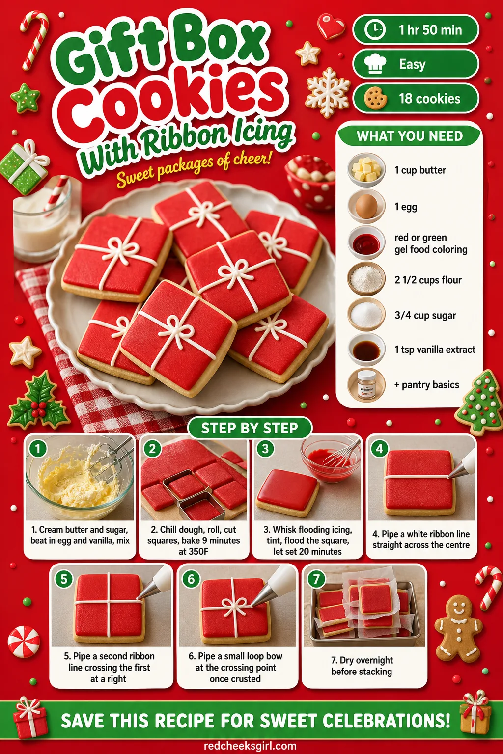 Gift Box Cookies Recipe Card printable sheet. Christmas cookies decorated
