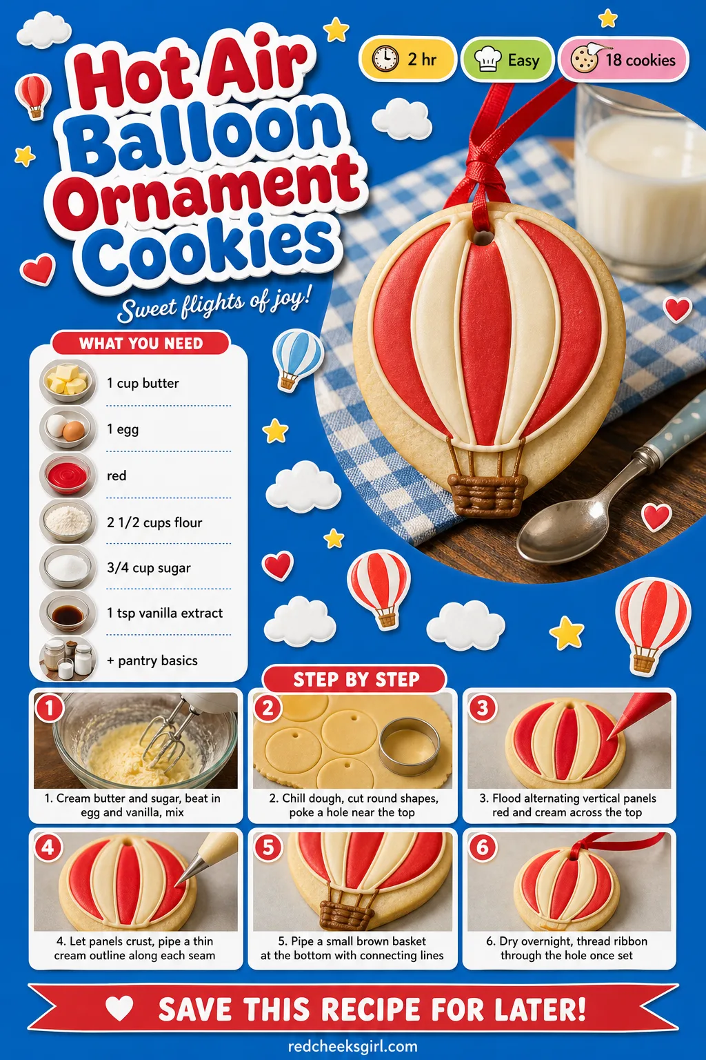 Hot Air Balloon Ornament Cookies Recipe Card printable sheet. Christmas cookies decorated