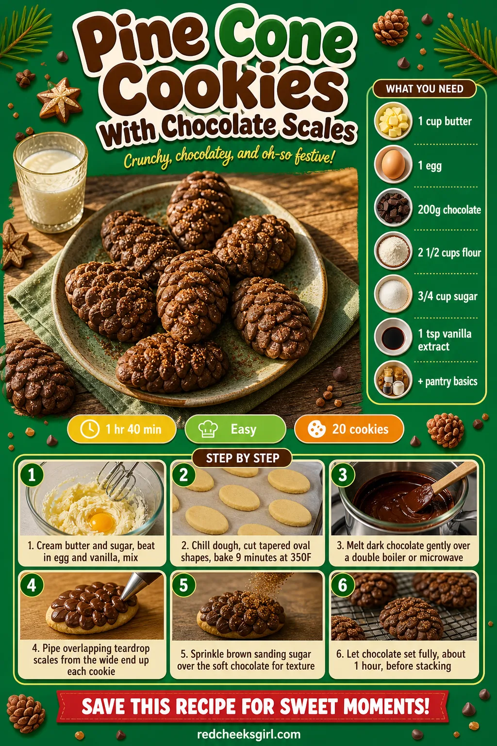 Pine Cone Cookies Recipe Card printable sheet. Christmas cookies decorated