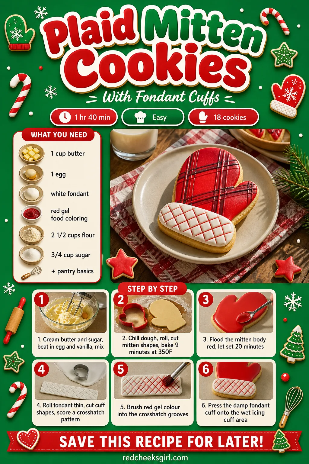 Plaid Mitten Cookies Recipe Card printable sheet. Christmas cookies decorated