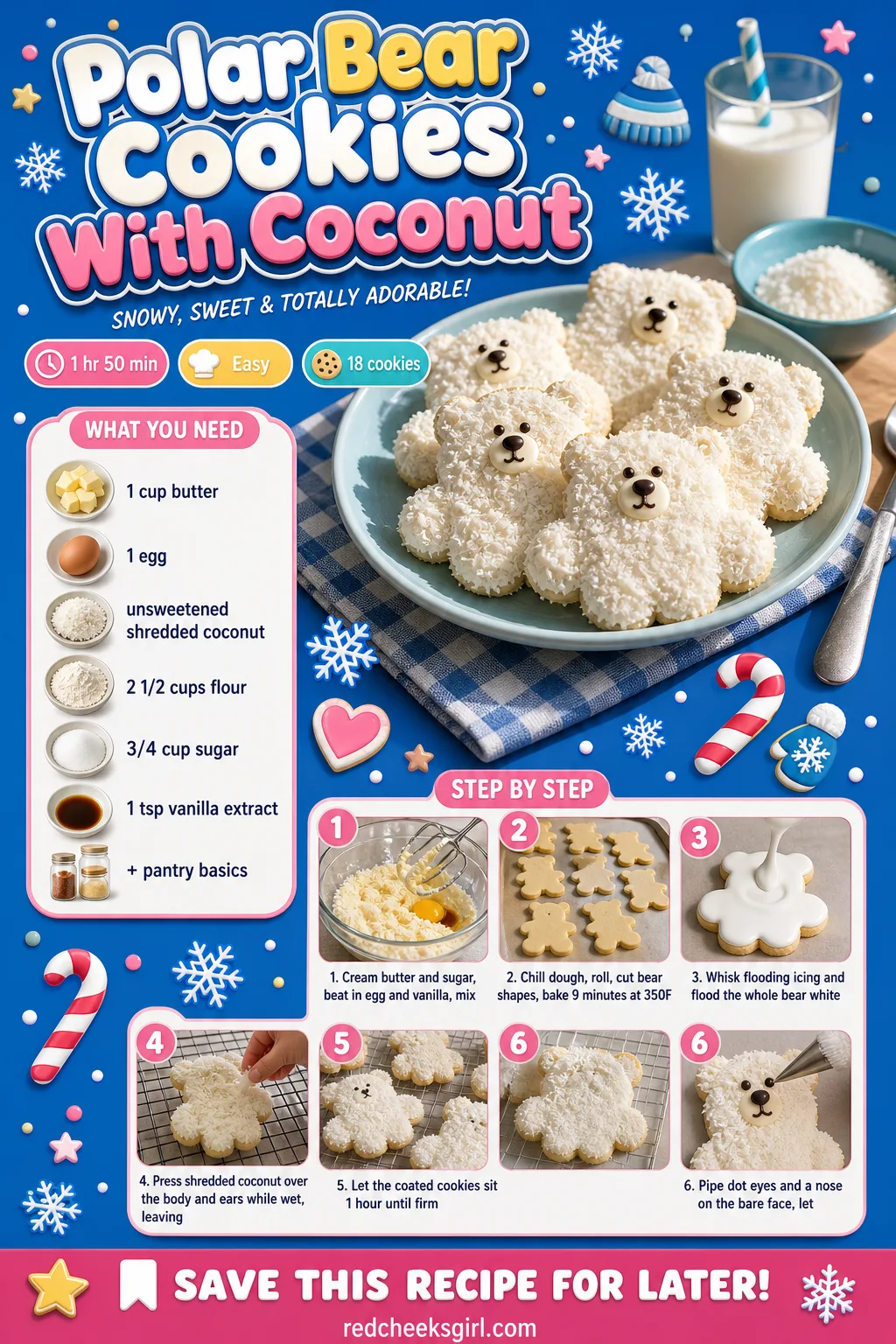 Polar Bear Cookies Recipe Card printable sheet. Christmas cookies decorated