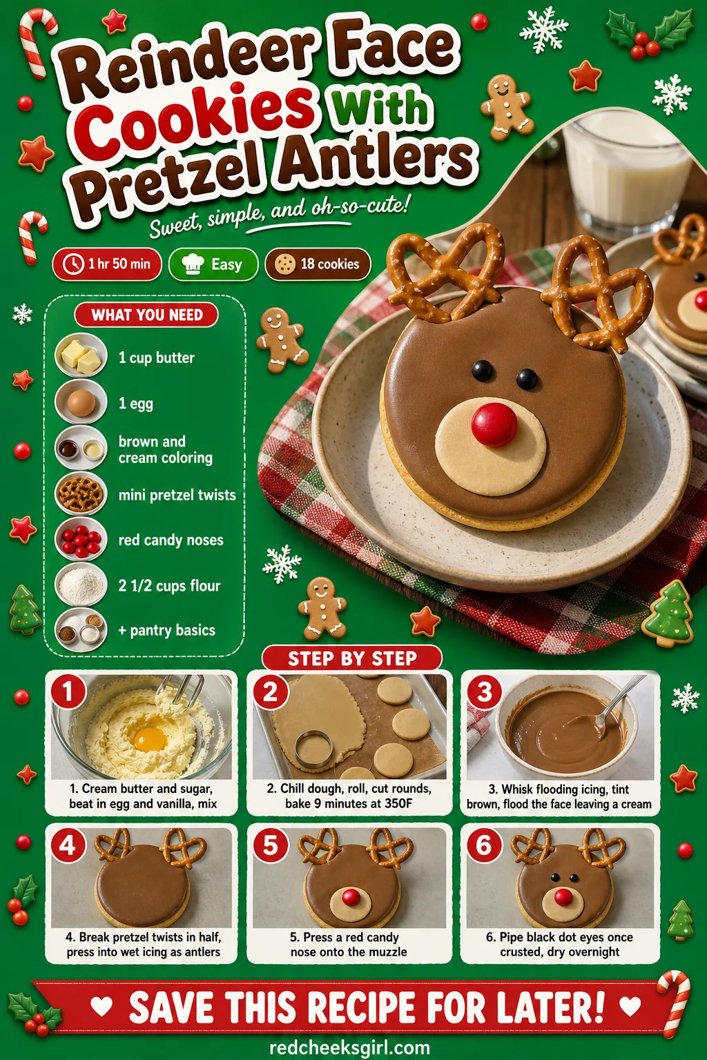 Reindeer Face Cookies Recipe Card printable sheet. Christmas cookies decorated