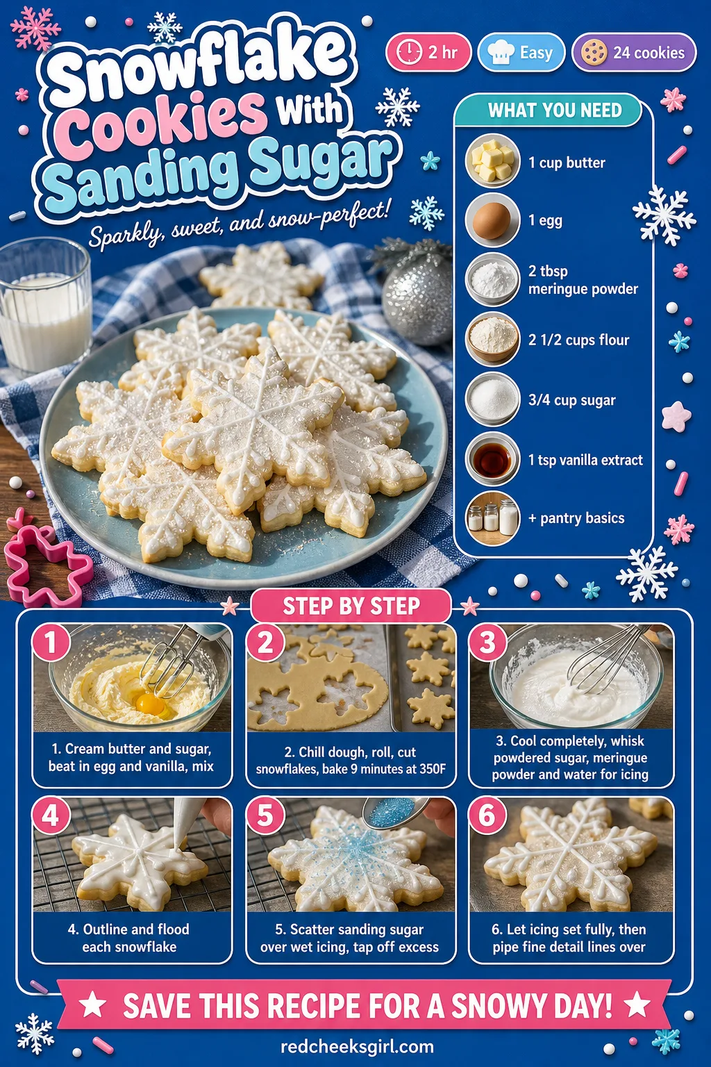 Snowflake Cookies Recipe Card printable sheet. Christmas cookies decorated