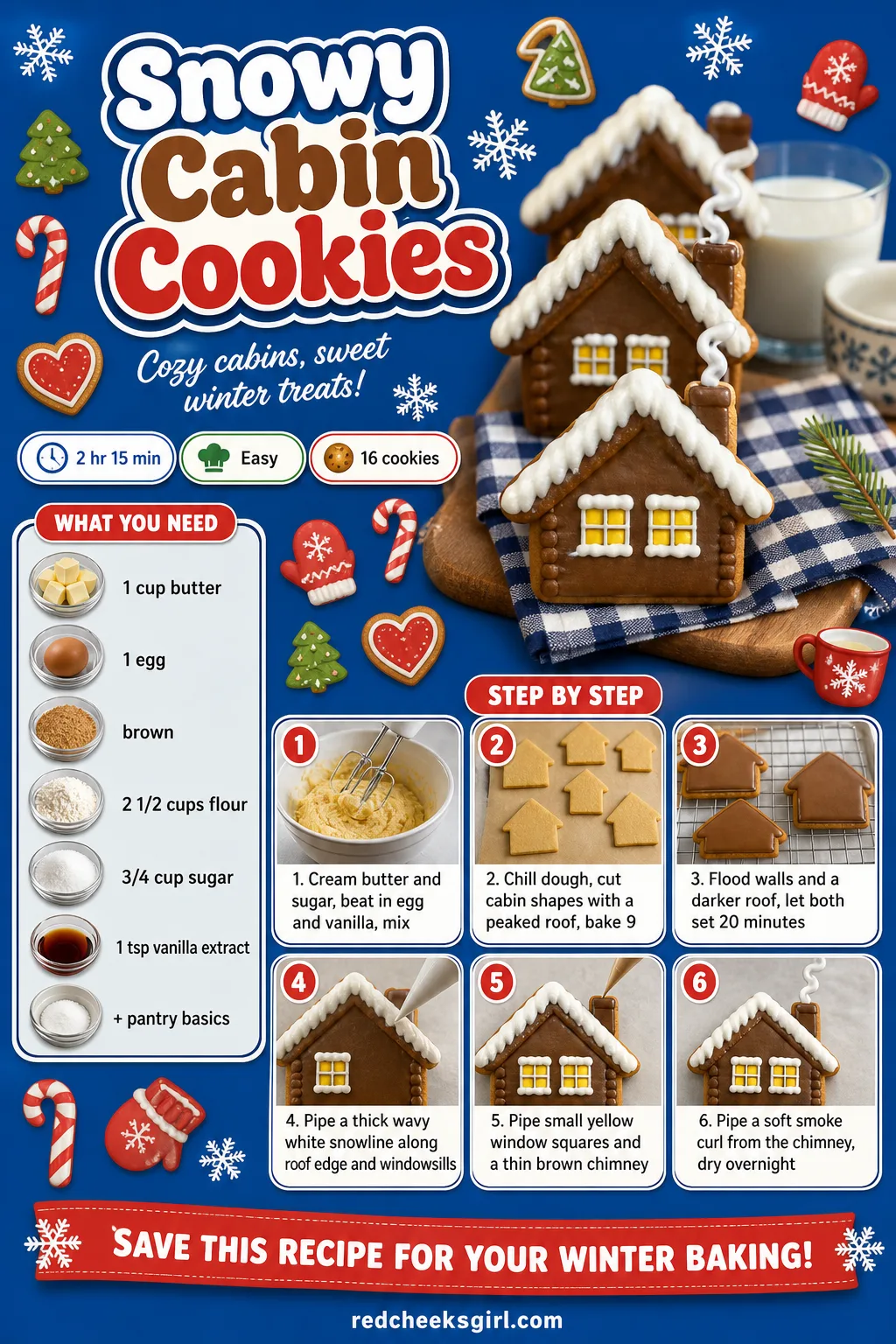 Snowy Cabin Cookies Recipe Card printable sheet. Christmas cookies decorated