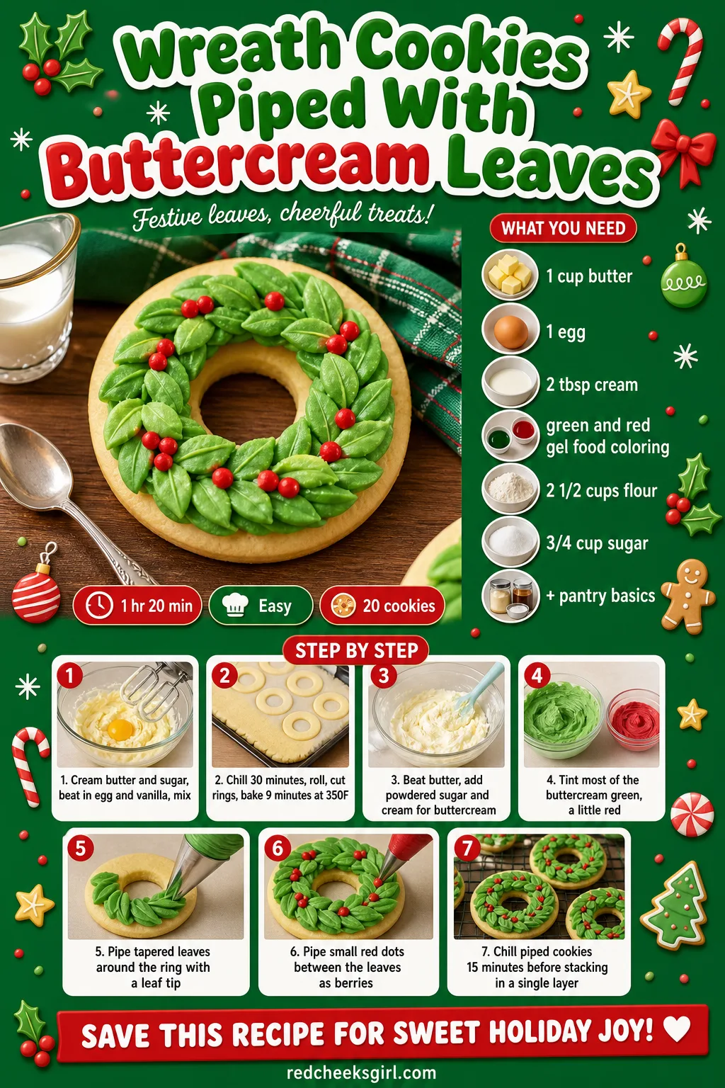Wreath Cookies Recipe Card printable sheet. Christmas cookies decorated