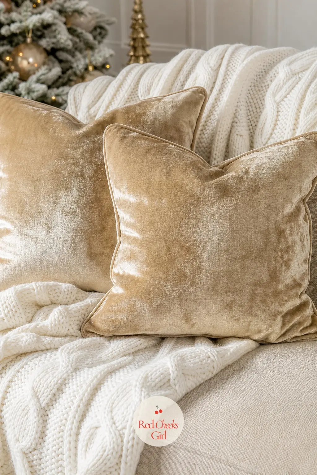 Champagne Velvet Pillows over an Ivory Cable Knit Throw — An ivory cable knit throw, chunky and tactile, folds across the sofa arm with two champagne velvet