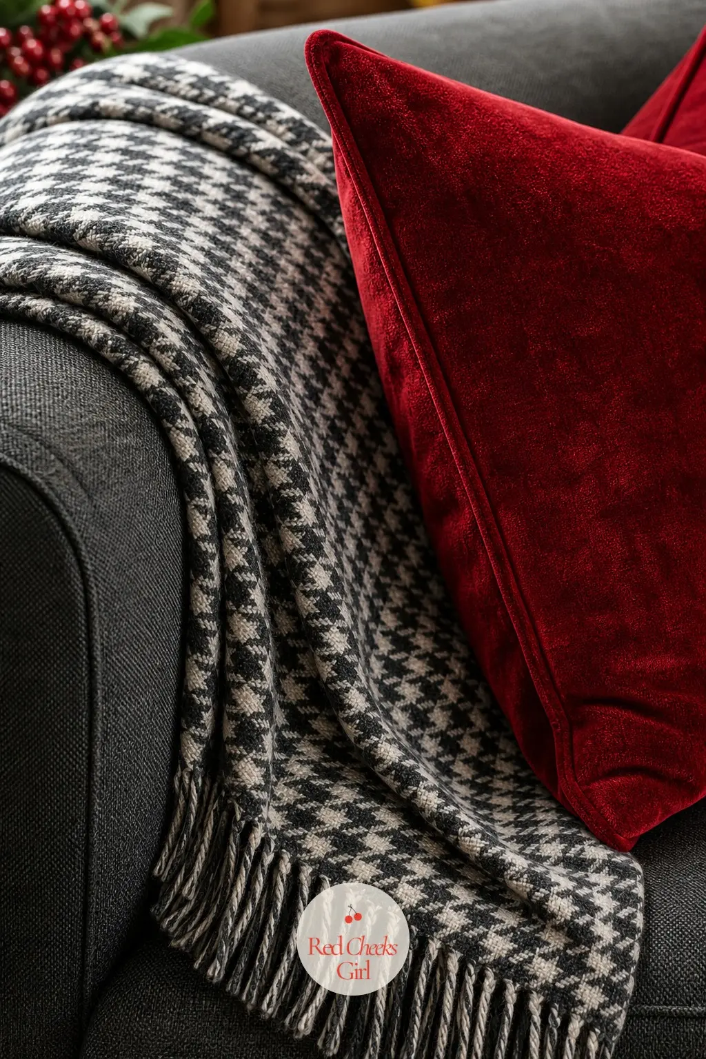A Charcoal Houndstooth Throw with a Scarlet Velvet Pillow — Houndstooth is sharper and more graphic than any plaid on this list, and one scarlet velvet pillow