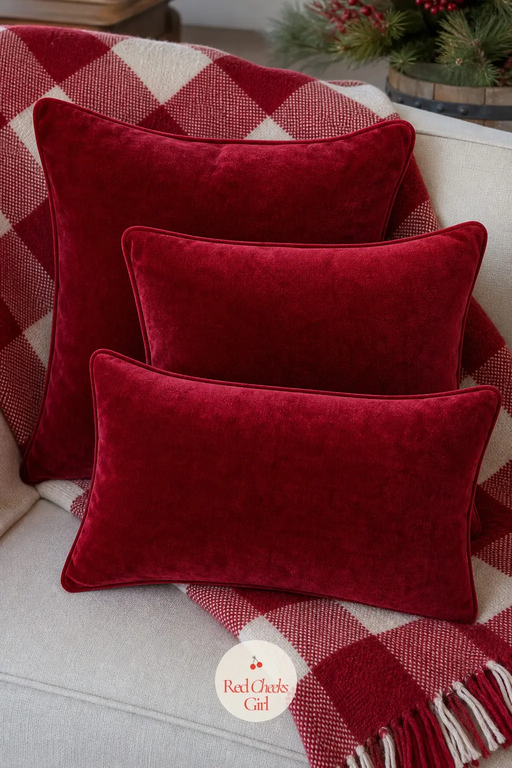 A Cranberry Velvet Pillow Trio over a Red and Cream Buffalo Check Throw — Three cranberry velvet pillows in graduated sizes, largest at the back, sit against a