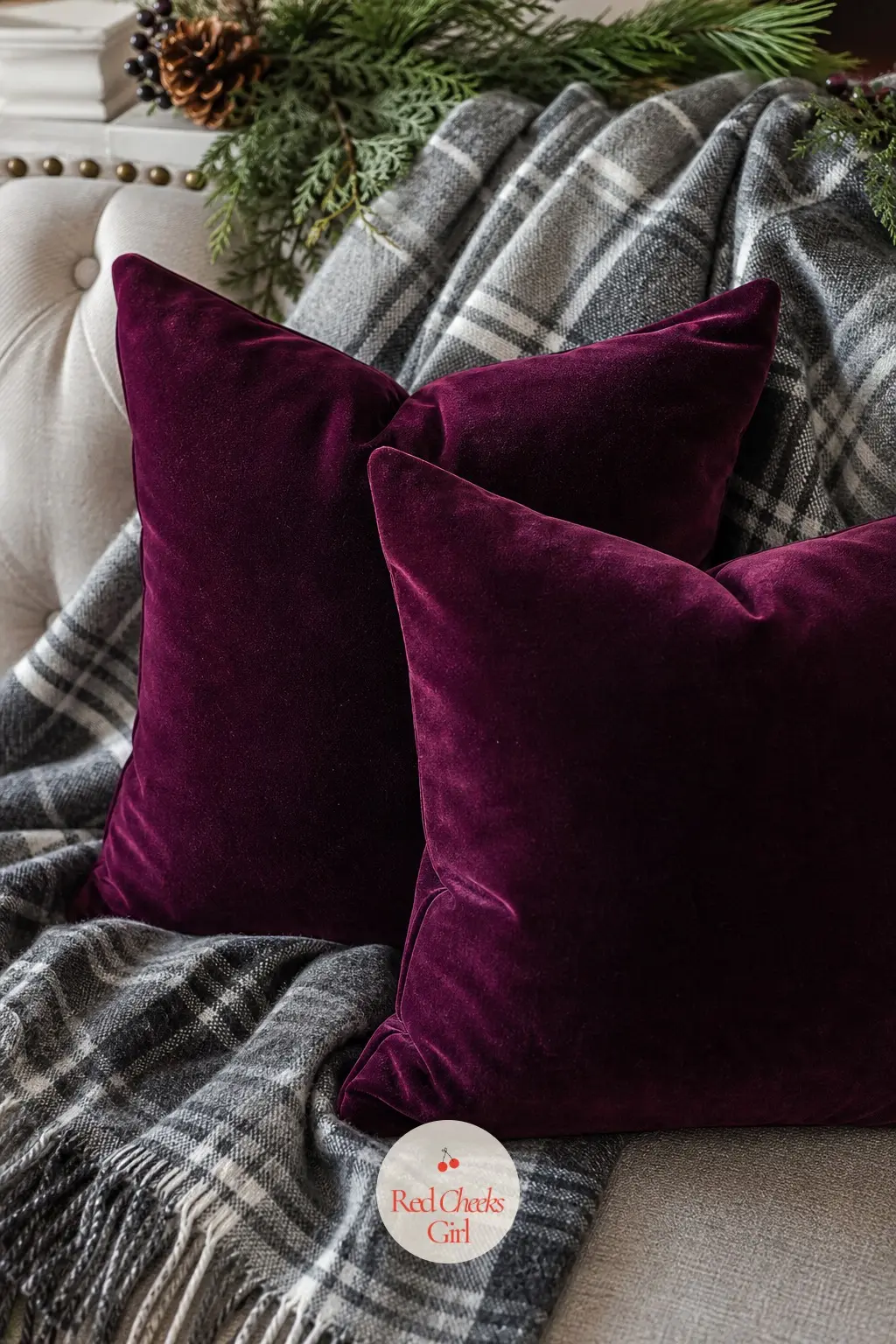 Deep Plum Velvet Pillows against a Heather Grey Plaid Throw — Plum is the least expected colour on this list and the most sophisticated. Christmas couch decor