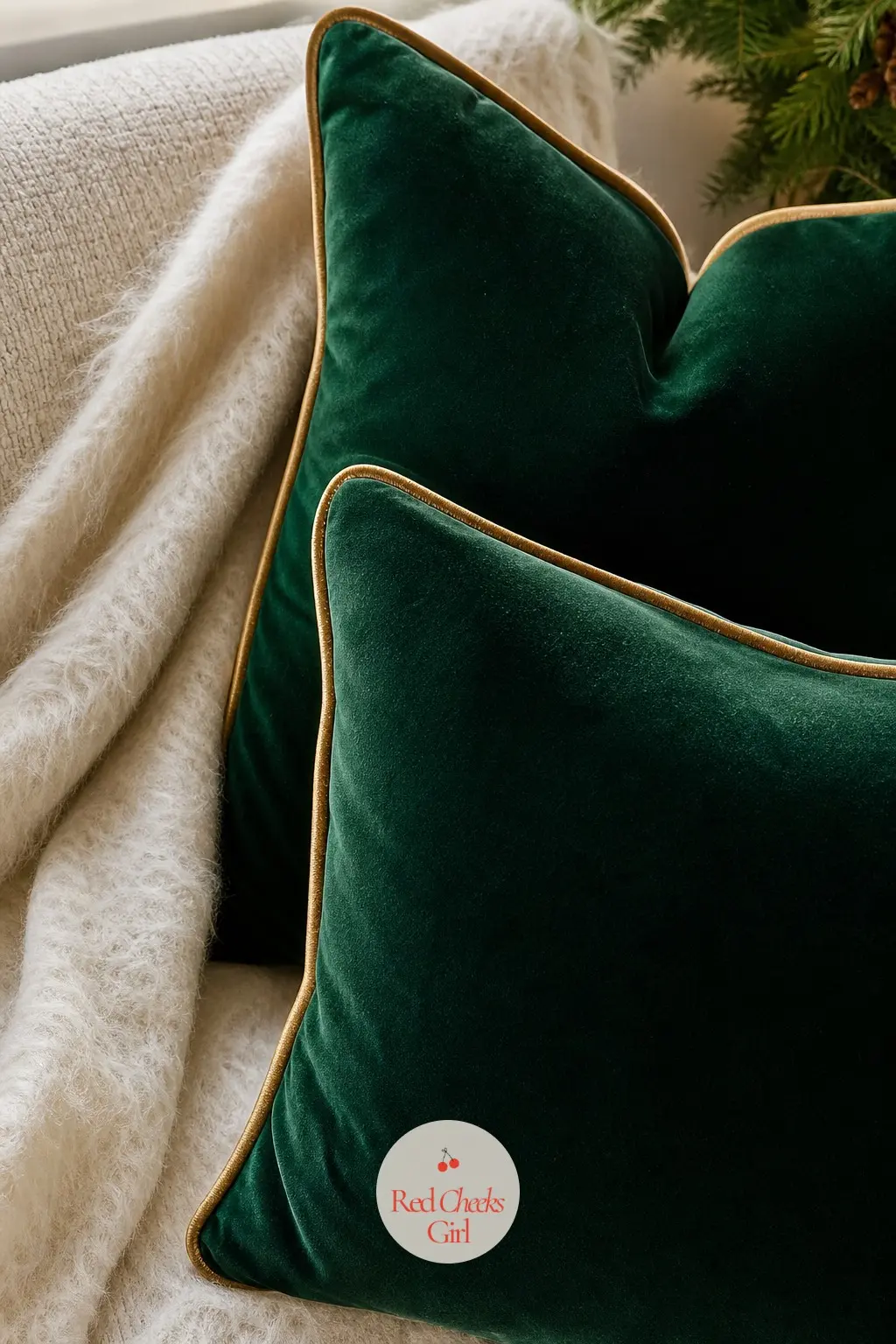 Emerald Velvet Pillows with Gold Piping over a Cream Mohair Throw — A cream mohair throw, soft and slightly fuzzy, sits folded along the back of the sofa with