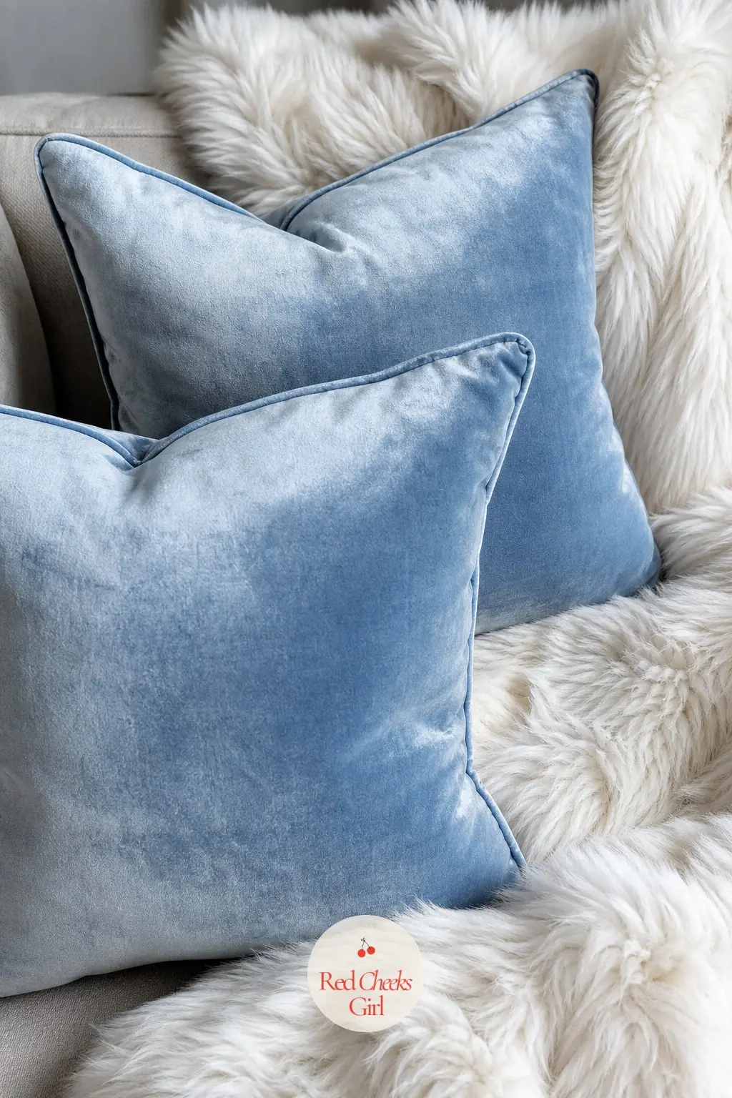 Frosted Ice Blue Velvet Pillows with a White Faux Fur Throw — Two ice blue velvet pillows sit against a white faux fur throw piled loosely across one end of