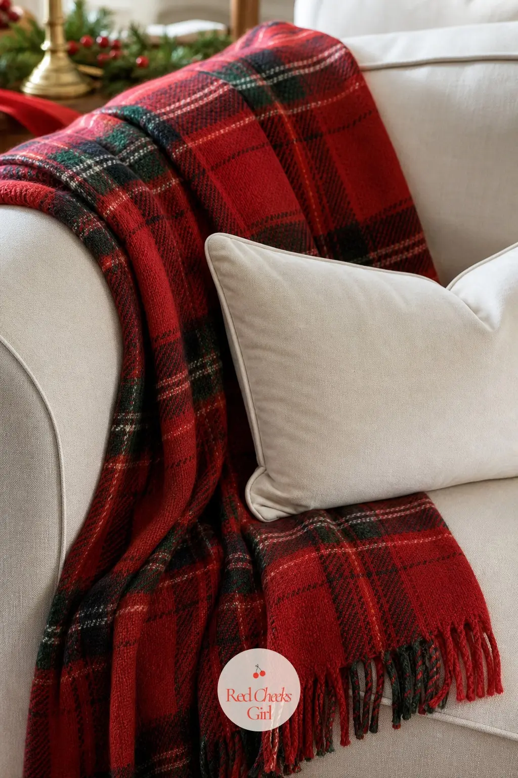 Highland Red Tartan Throw with an Ivory Velvet Lumbar Pillow — Fold a true red and black tartan wool throw lengthwise over one arm of the sofa so the pattern