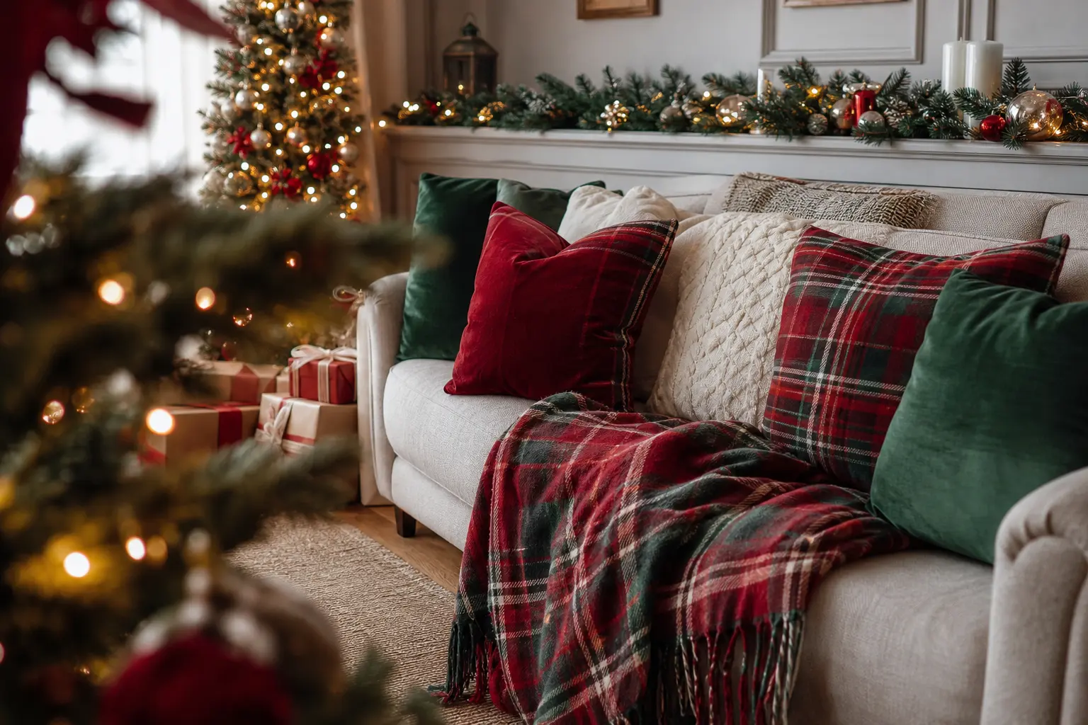 12 Christmas Couch Decor Ideas With Plaid Throws and Velvet Pillows