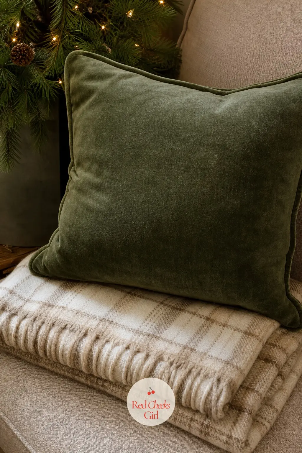 A Sage Green Velvet Pillow Folded into an Oatmeal Plaid Throw — An oatmeal plaid throw in soft, undyed-looking neutrals (but not raw linen, a proper woven wool