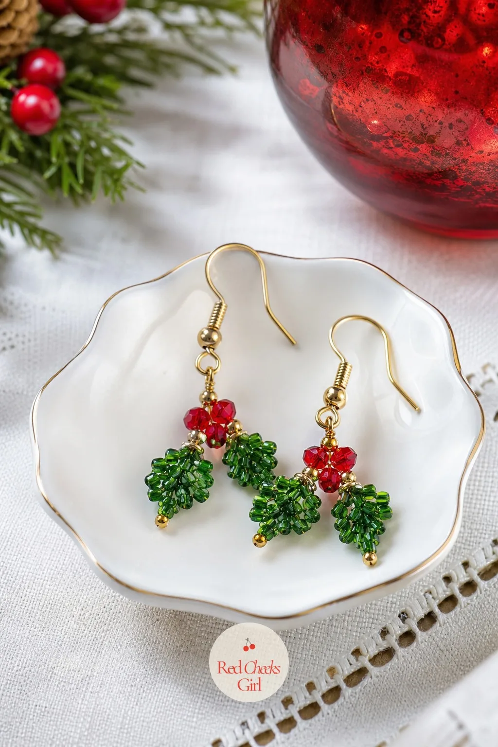 Beaded Holly Drop Earrings — Statement earrings for the office party cost more than they should for what is really a few beads on wire. Christmas crafts for