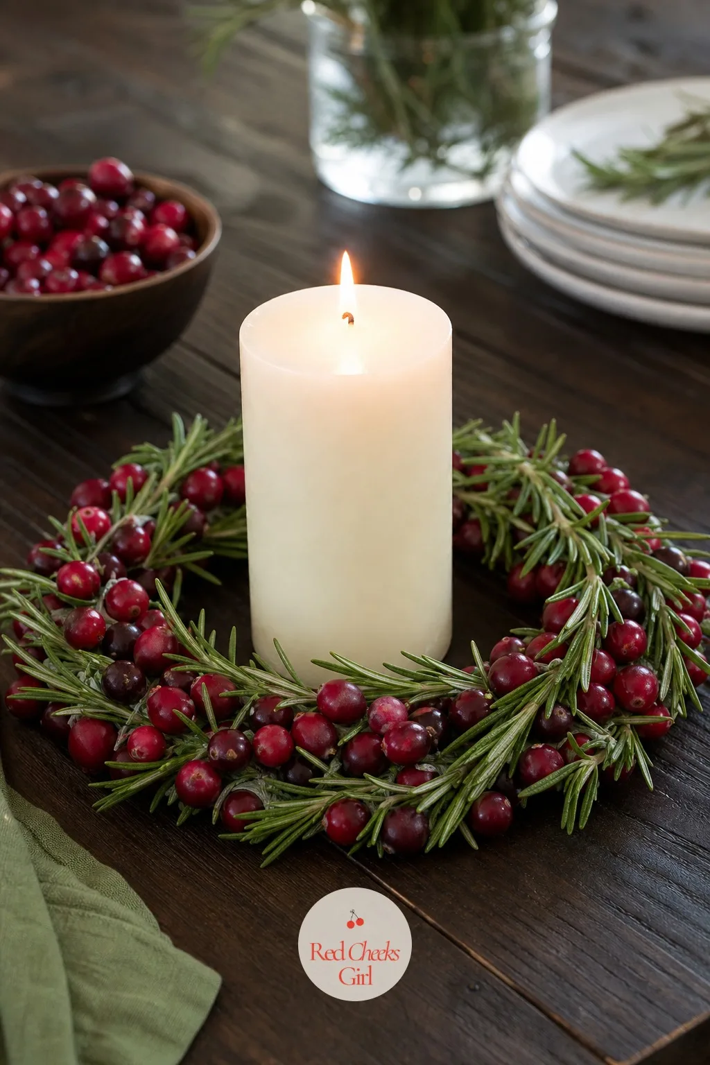 Cranberry and Rosemary Candle Ring — A single pillar candle on its own looks like you forgot to finish the centrepiece. Christmas crafts for adults
