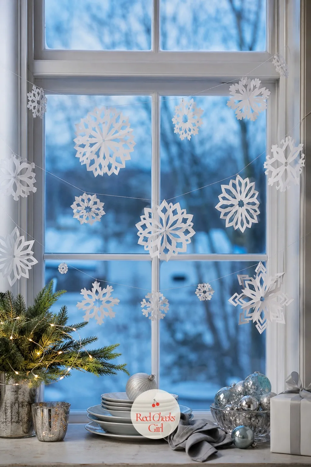 Paper-Cut Snowflake Window Garland — This is the one for a bare rental window and a zero drilling policy, nothing tapes to the glass but thread. Christmas