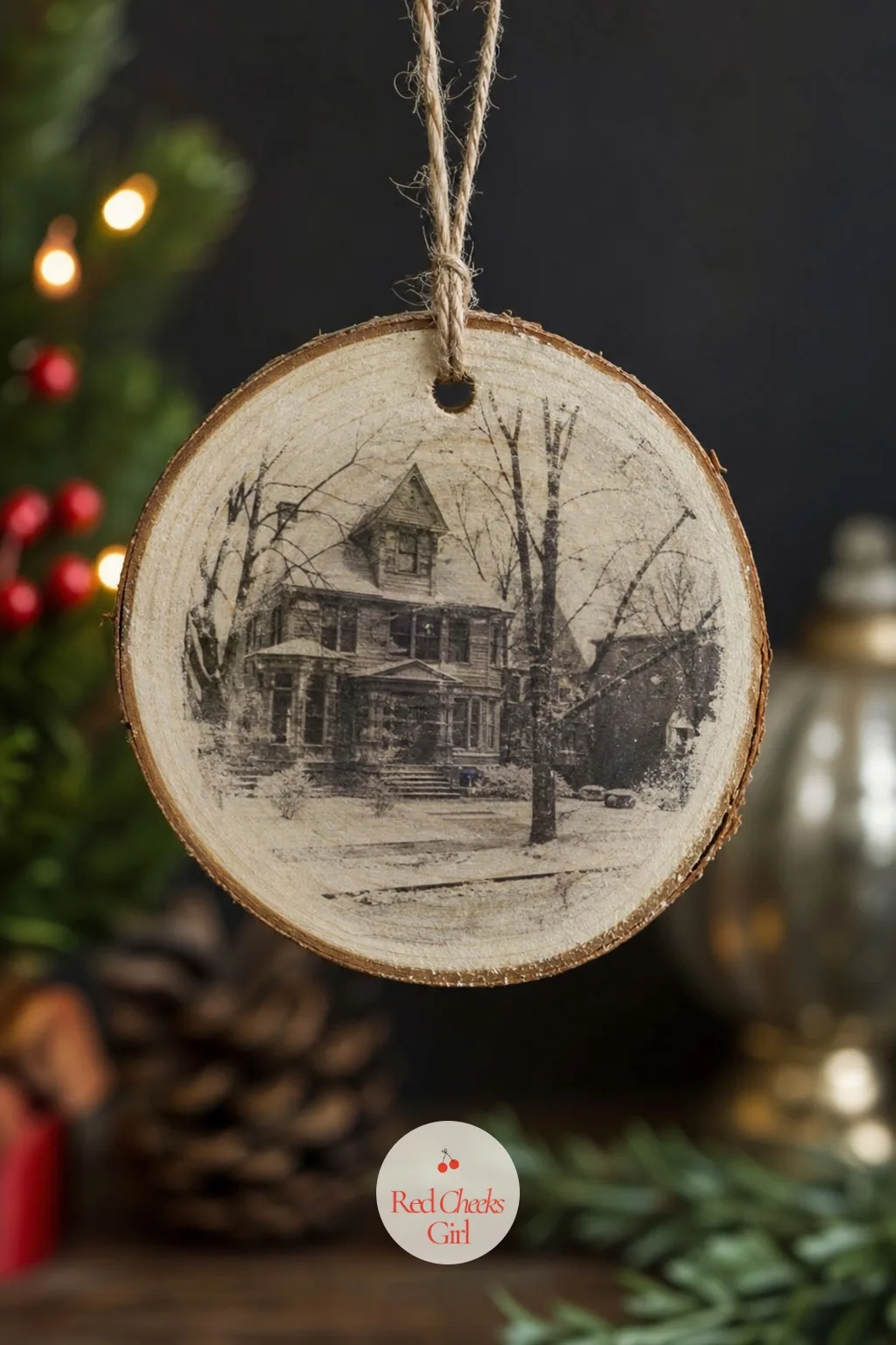 Photo-Transfer Wood Slice Ornament — An old photo printed small and transferred onto a thin wood slice turns into something that looks like it has always